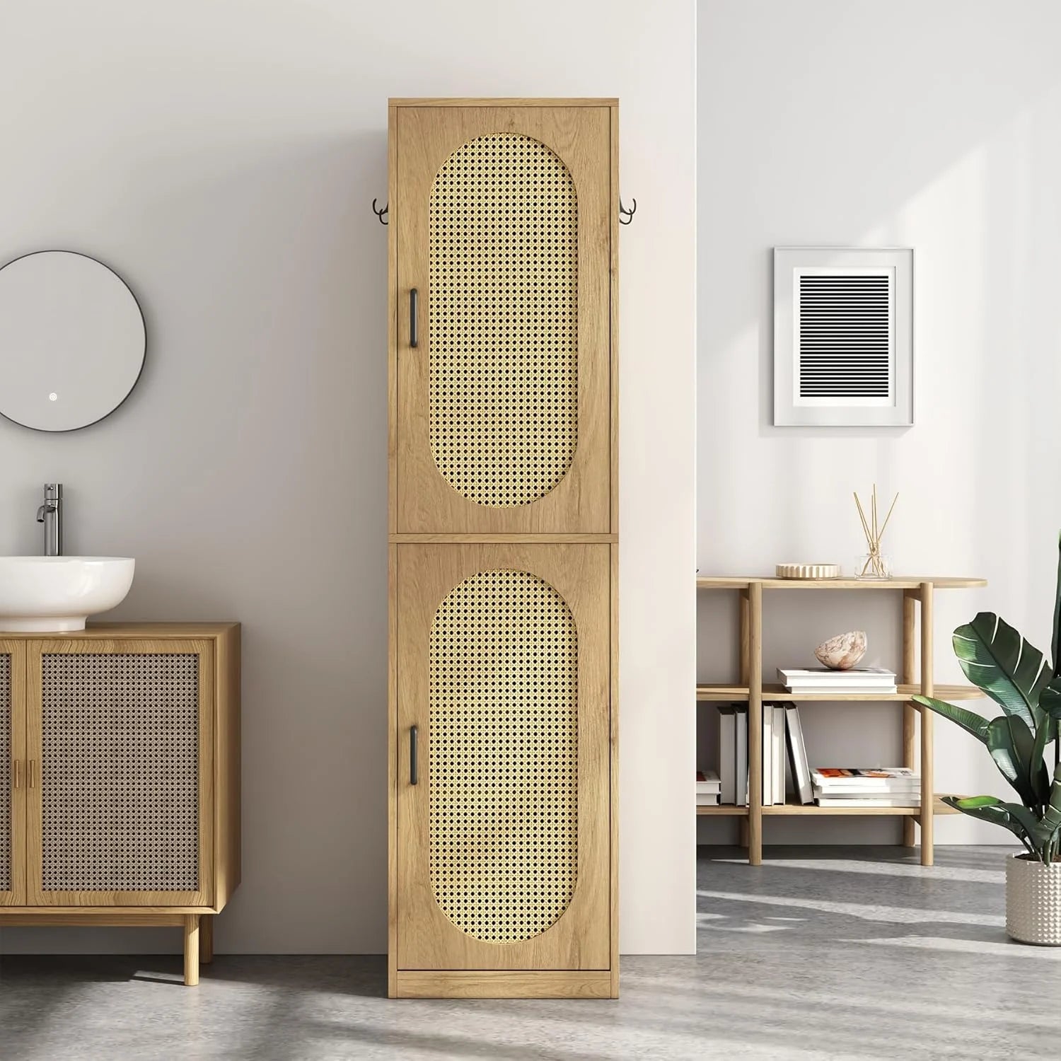 66-Inch Bathroom Storage Cabinet with Rattan Doors.  Bath Room Organizer Floor Cabinets Brown