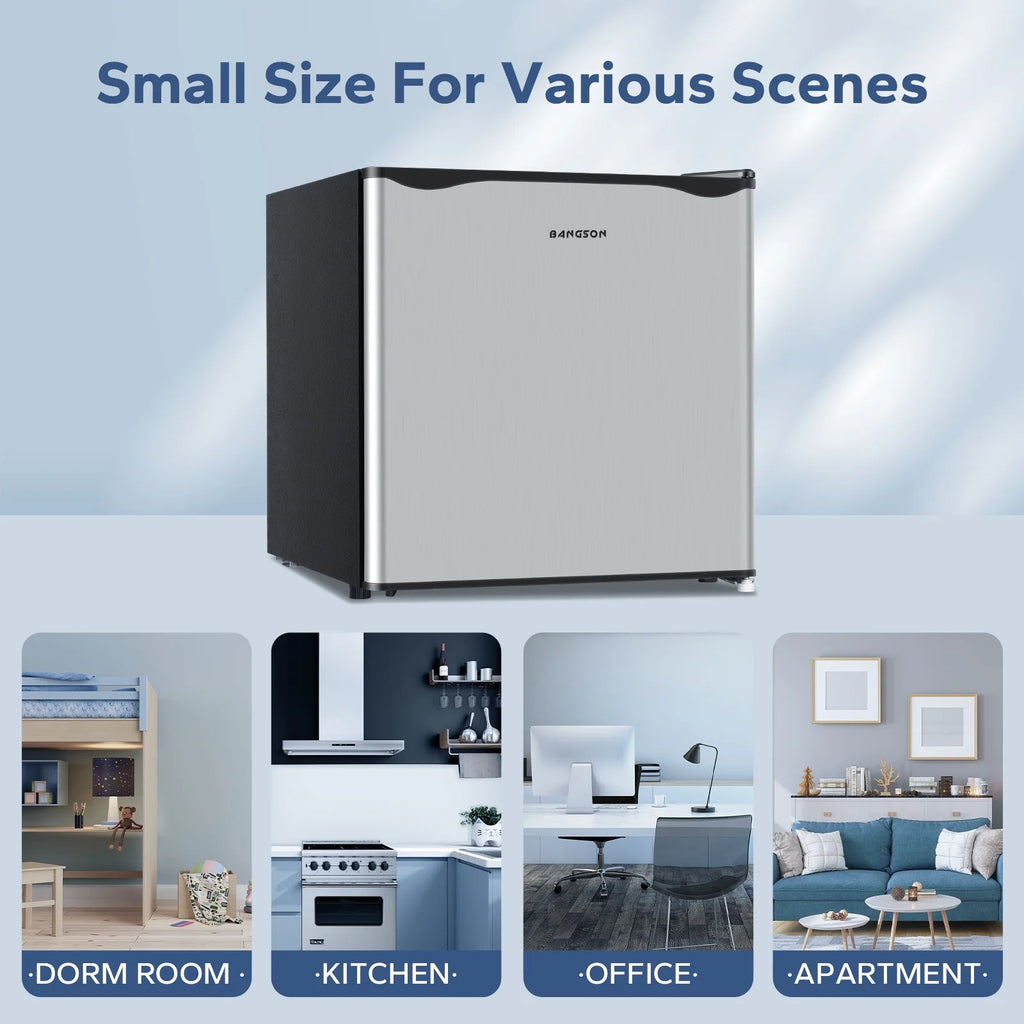 BANGSON Small Refrigerator.1.6 Cu.ft Mini Fridge with Freezer. Single Door. Silver