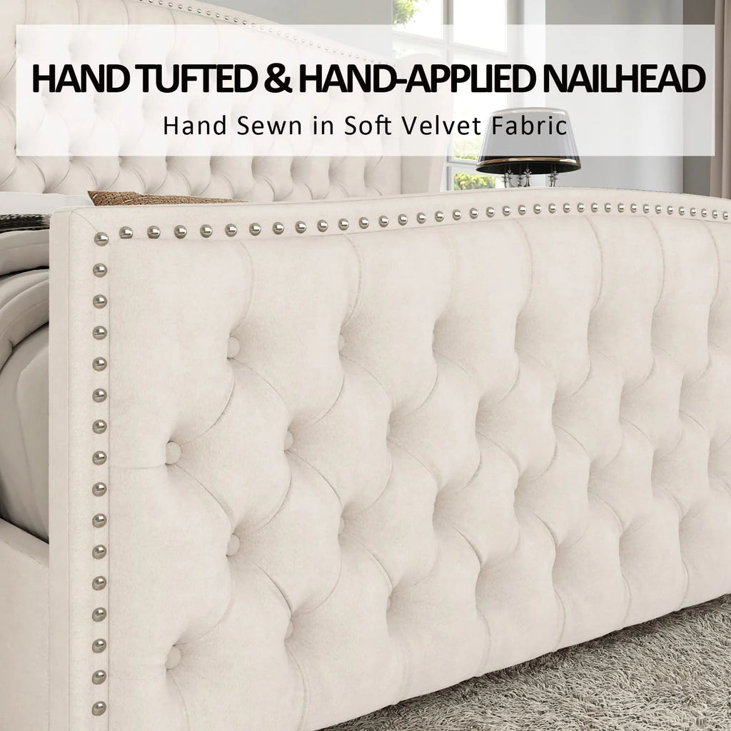VANACC Queen Size Bed Frame. Velvet Upholstered Bed with Deep Button Tufted Wingback Headboard��Grey