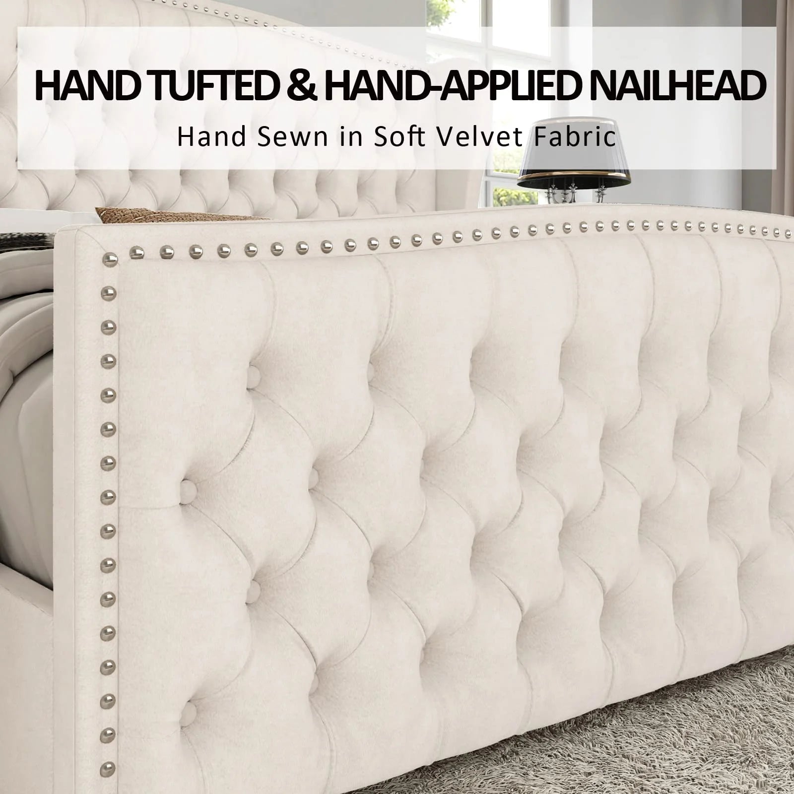 VANACC Queen Size Bed Frame. Velvet Upholstered Bed with Deep Button Tufted Wingback Headboard��Grey