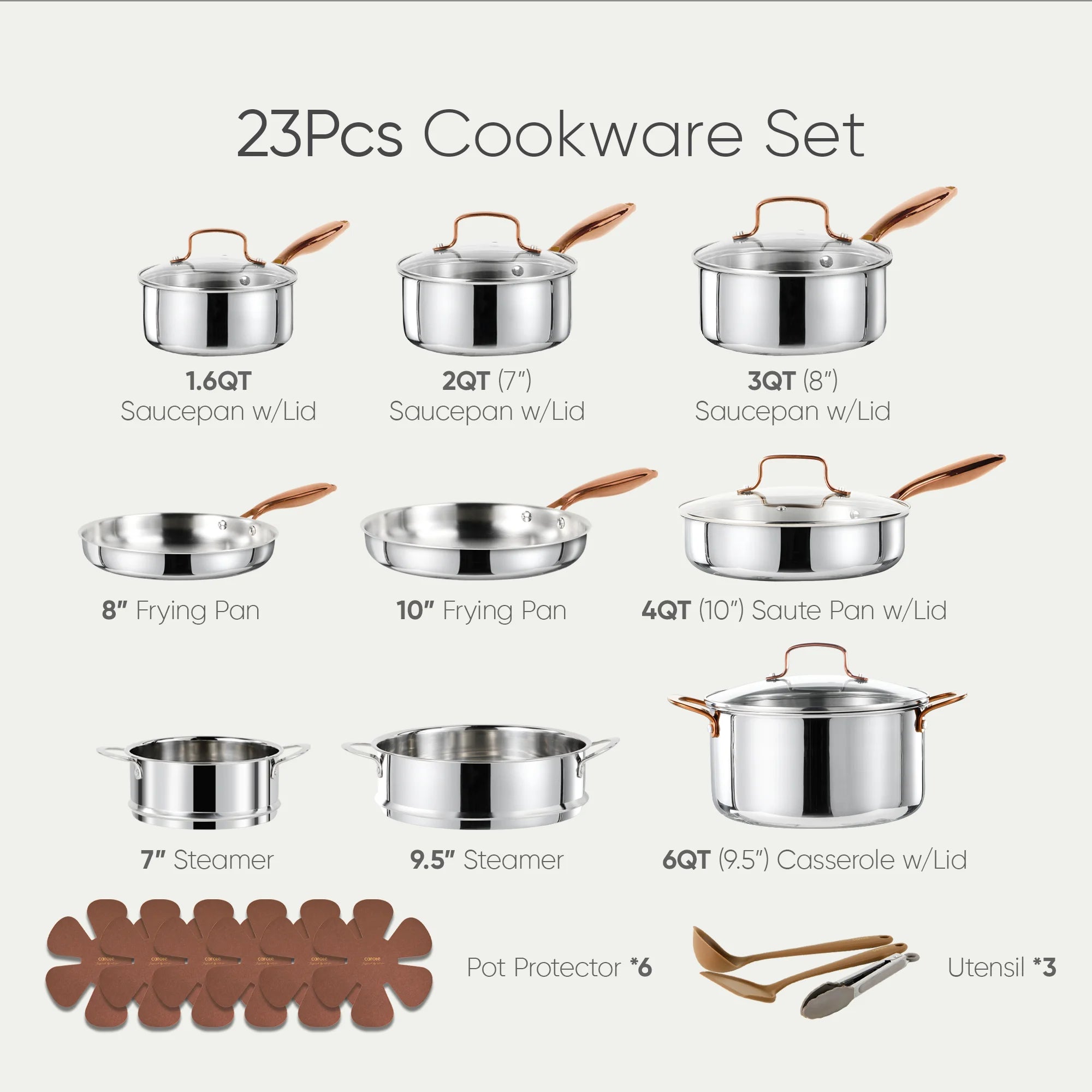 Carote 23-Piece Tri-Ply Stainless Steel Cookware Set with Lids. Nonstick Induction Compatible Pots & Pans Set. Oven Safe