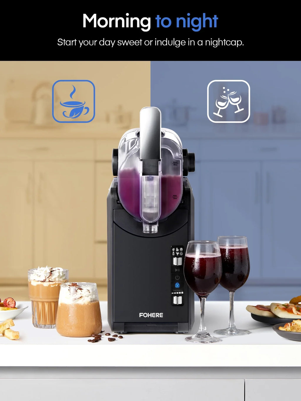 5-in-1 Slushie Machine. No Ice Needed. 15 Min Slushy Machine for Home with Self-Cleaning. Professional Frozen Drink Maker. 5 Preset Programs. Frozen Margaritas. Frapp��s. Milkshakes. and More. FOHERE