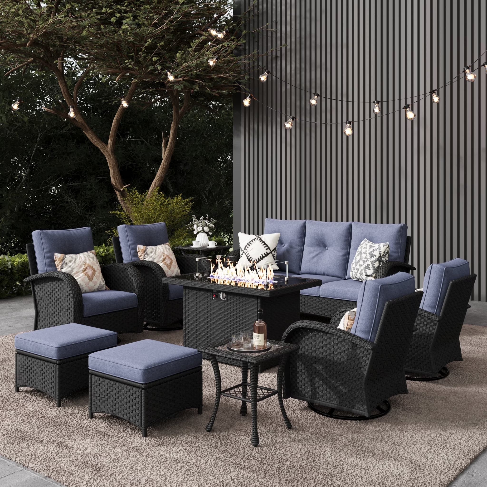 LayinSun 7 Pieces Outdoor Patio Furniture Set with Fire Pit Table. Rattan Wicker Sectional Swivel Rocker Chairs Sets