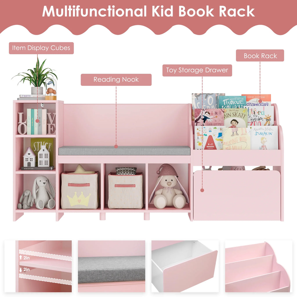 Homfa Kids Bookshelf with Reading Nook. 6 Shelf Bookcase with 1 Wood Toy Bin with 3 Tier Book Rack for Children Kidsroom