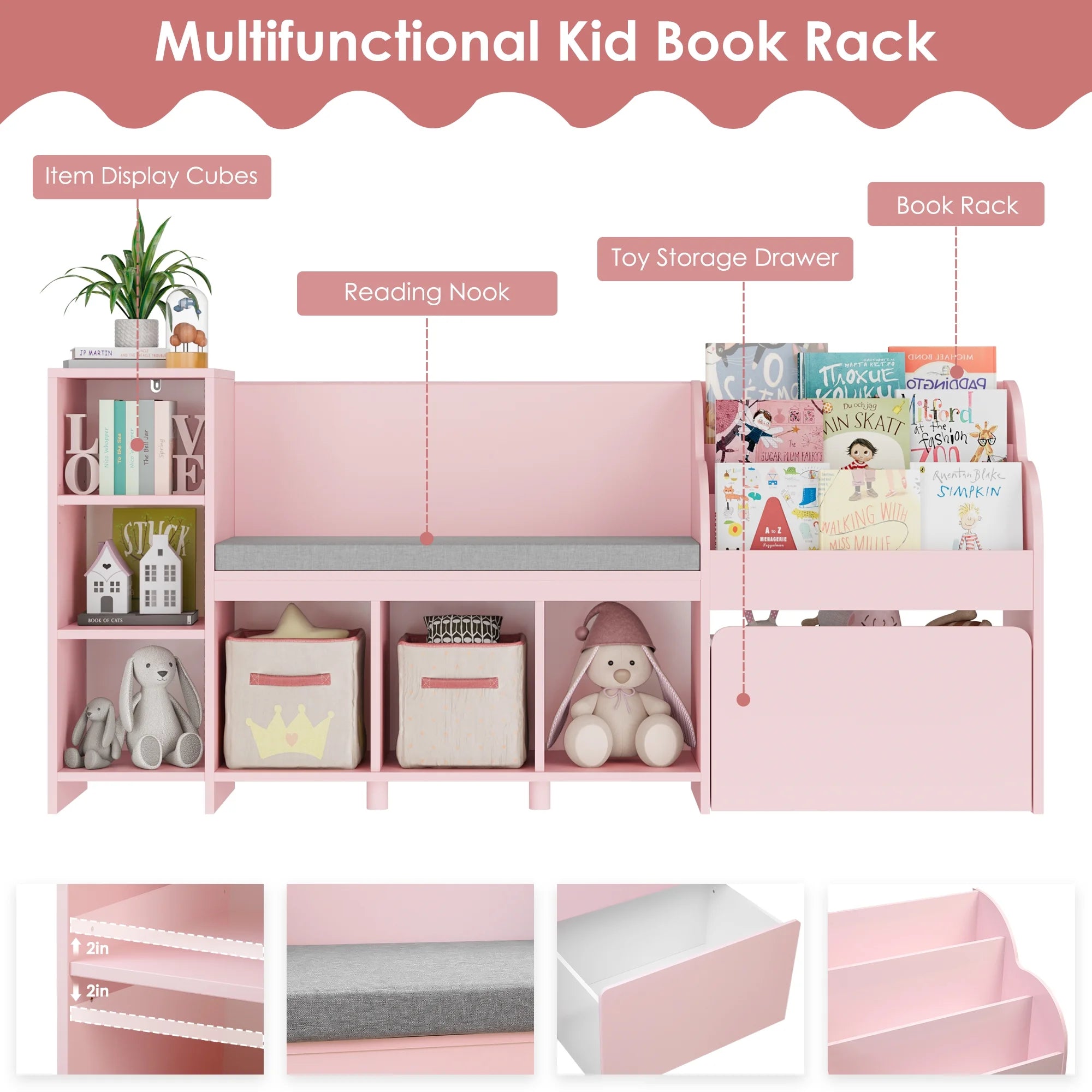 Homfa Kids Bookshelf with Reading Nook. 6 Shelf Bookcase with 1 Wood Toy Bin with 3 Tier Book Rack for Children Kidsroom