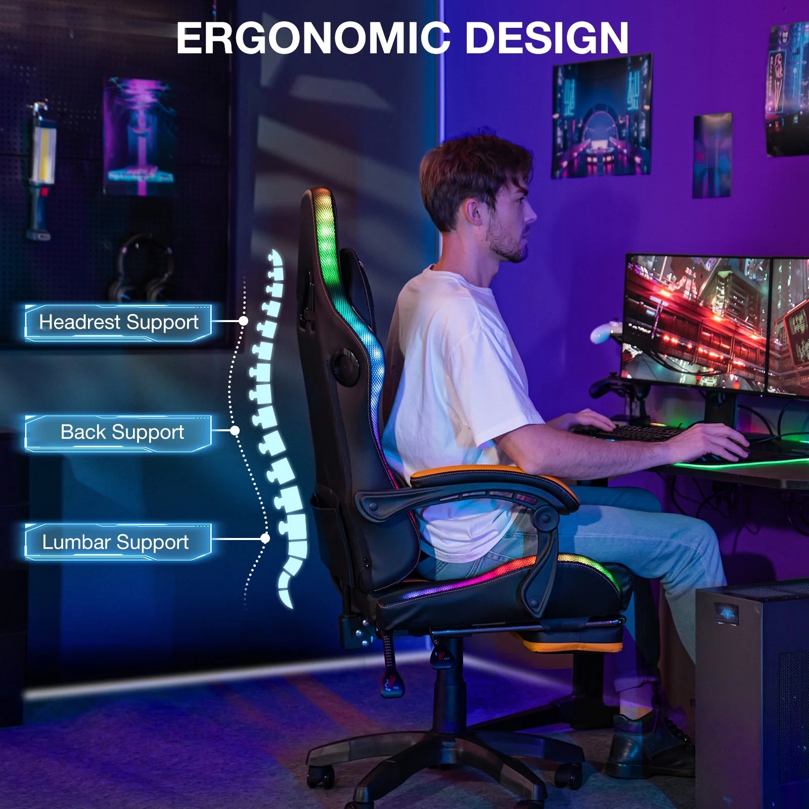 HOFFREE Big and Tall Gaming Chair with Speakers and RGB Lights. Gamer Chair with Footrest. Lumbar Support Height Adjustable 360-Swivel Seat and Headrest for Adults. 400lbs
