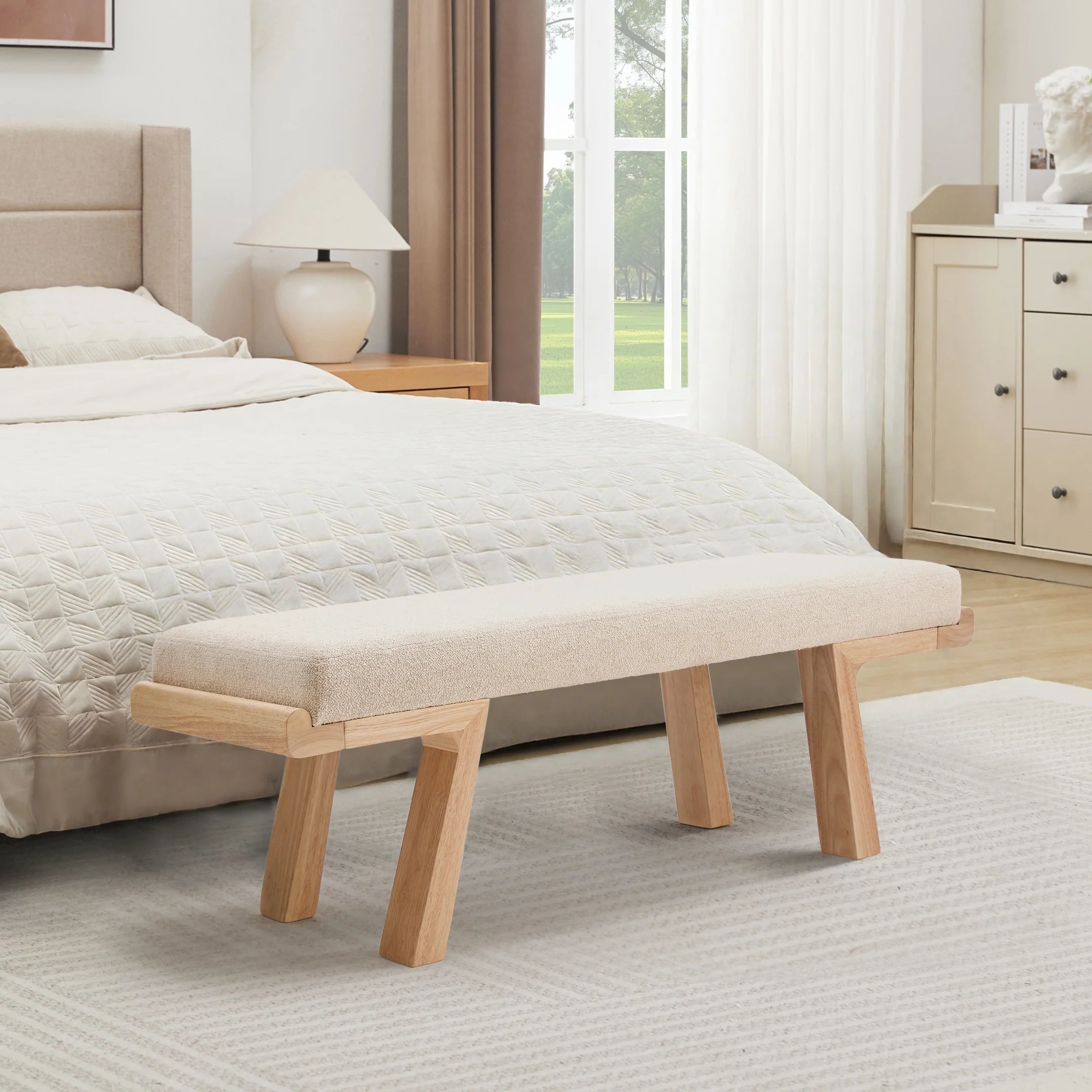 Zesthouse 47.4 Linen Upholstered Bench. Entryway Bench with Solid Wood Legs. Modern Ottoman Bench for Living Bedroom Room. Beige