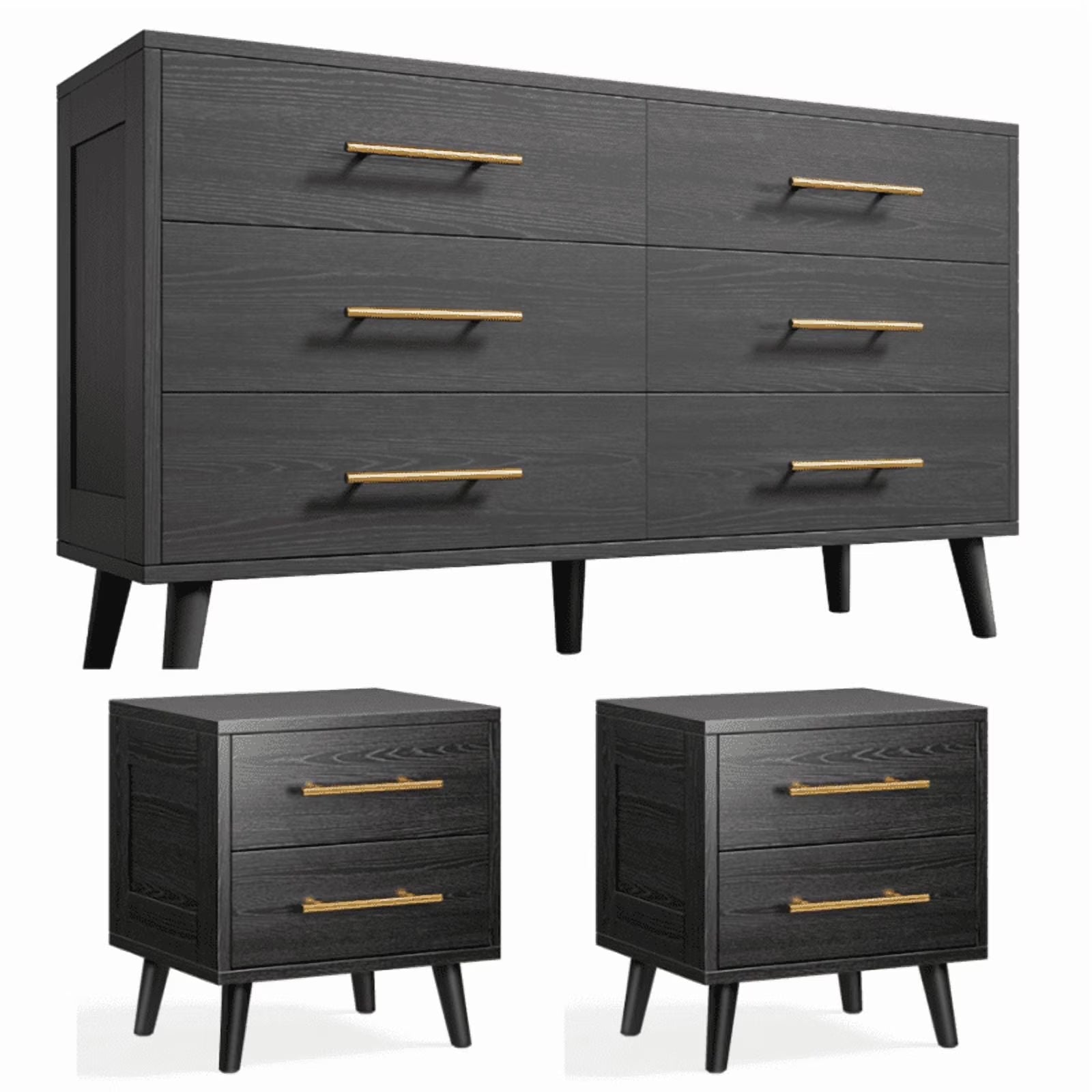 Noelse 3 Piece Bedroom Furniture Set. 6 Drawer Dresser with 2 Nightstands. Modern Wood Storage Organizer with Metal Handles for Bedroom. Living Room.Black