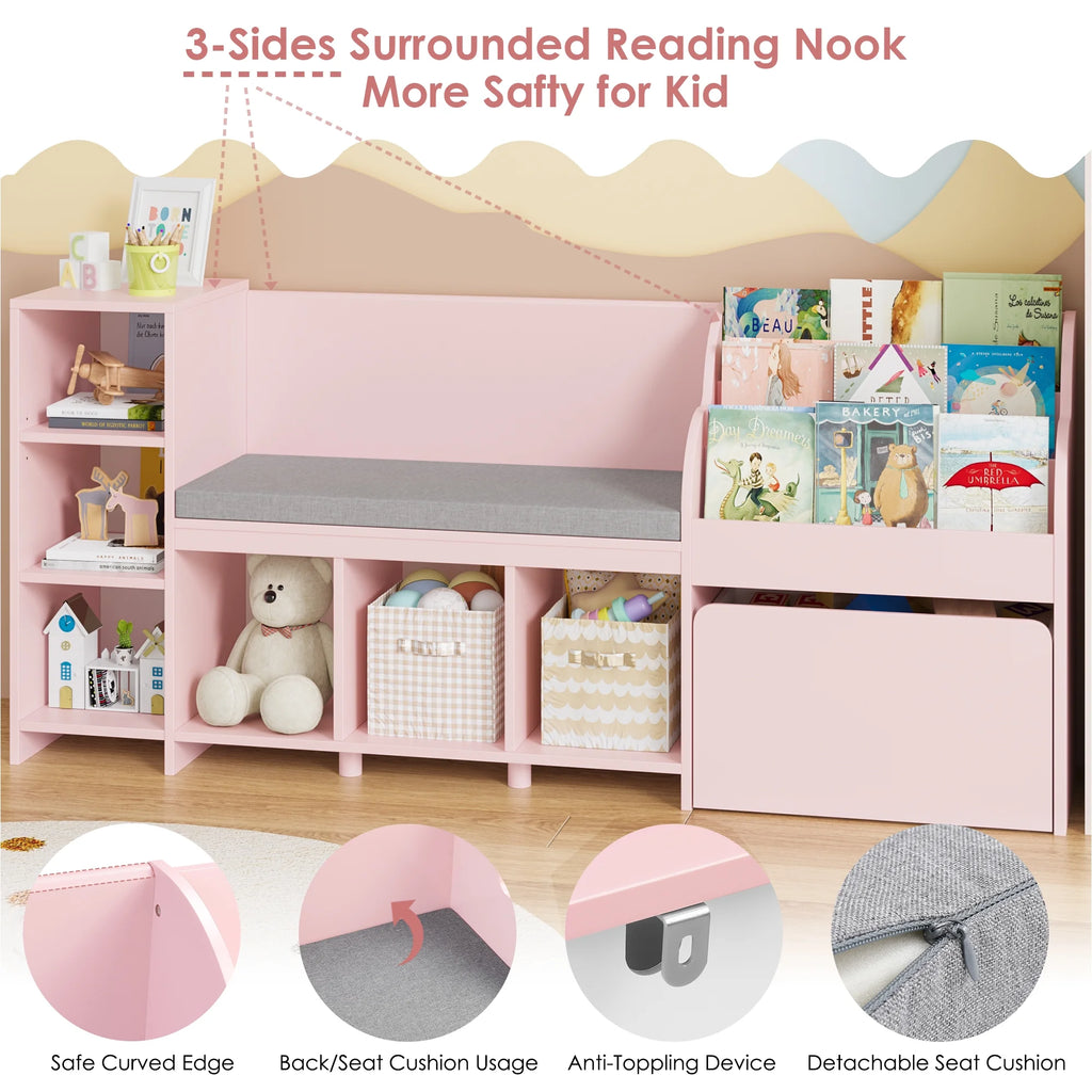 Homfa Kids Bookshelf with Reading Nook. 6 Shelf Bookcase with 1 Wood Toy Bin with 3 Tier Book Rack for Children Kidsroom