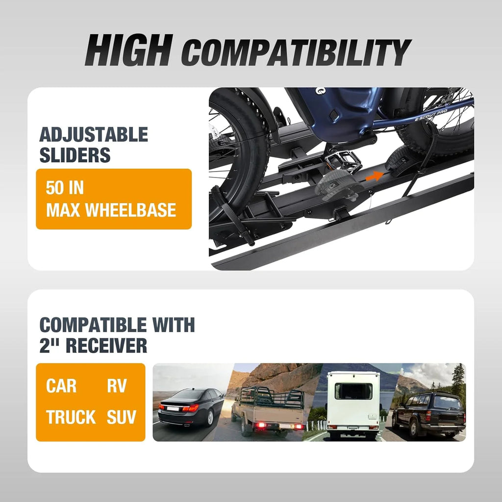 Young Electric Ebike Rack. 200lb Capacity. Alloy Steel Hitch Mount. Fits 5-Inch Fat Tire Bikes. 2-Inch Receiver