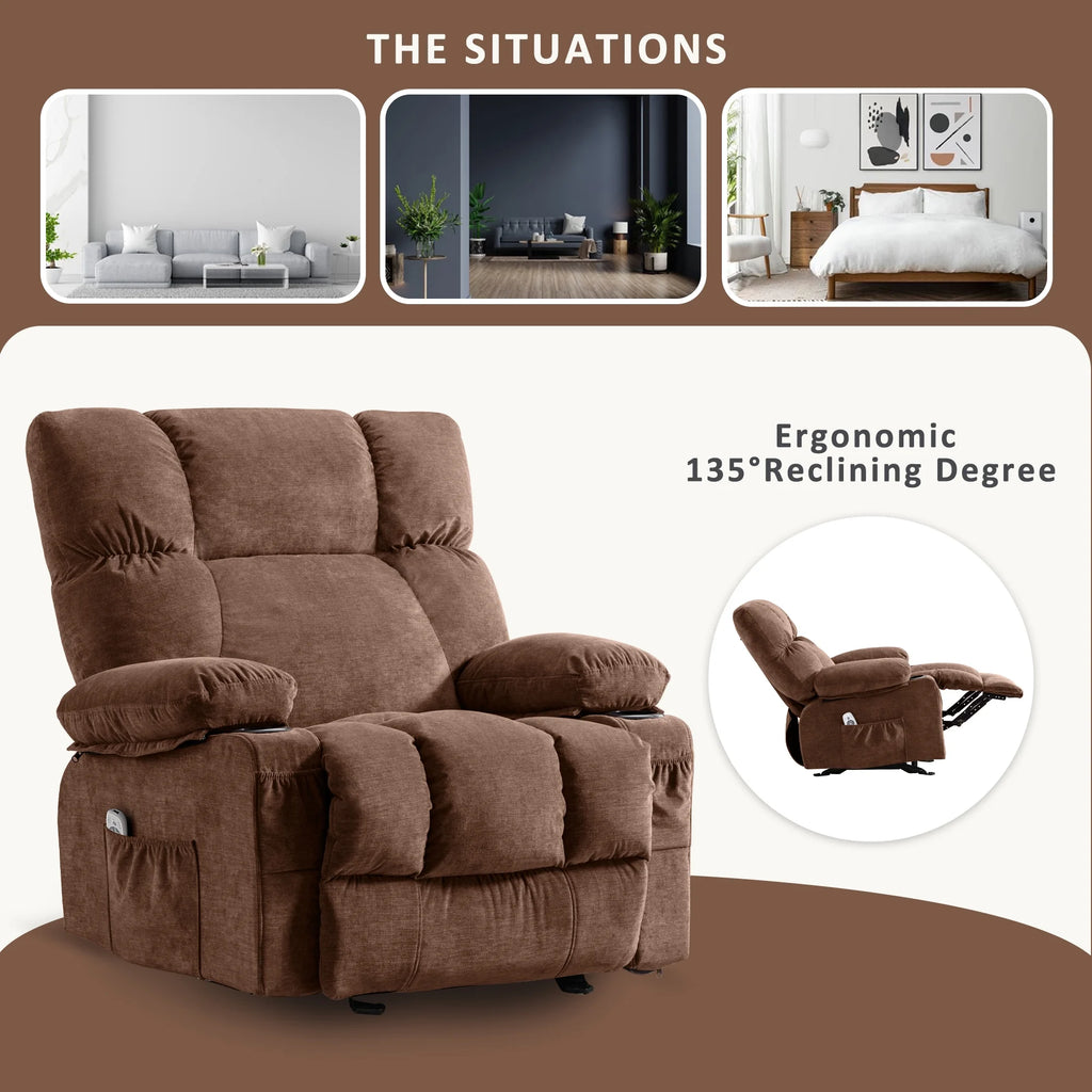 JONPONY Manual Recliner Chair with Heat Therapy and Massage Function. Heavy Duty Reclining Mechanism Massage Chair. Elderly Single Rocker Sofa with Cup Holders for Bedroom Home Theater.Grey