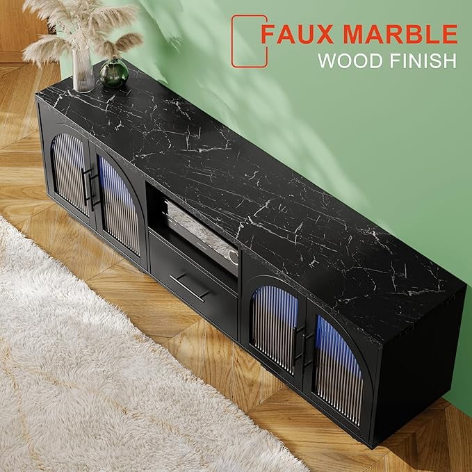TV Stand for 75 inch TV. LED TV Stand for Living Room.70 Entertainment Center with Arched Glass Doors. Faux Marble Wood Finish Top. Adjustable Shelves. and LED Lighting. Black