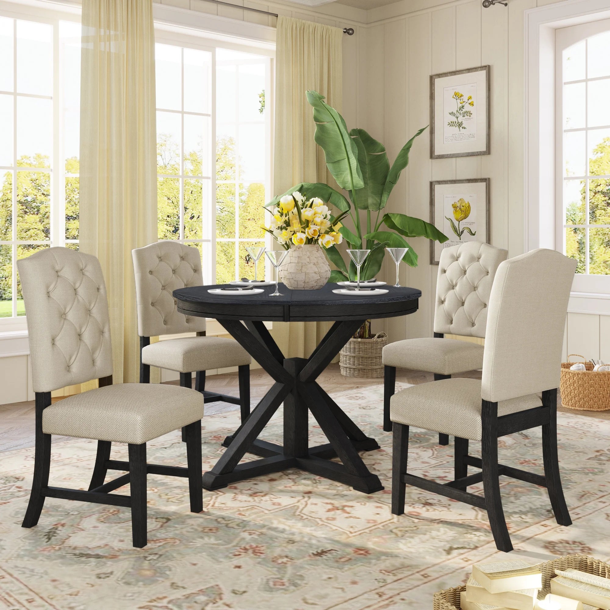 Besthome Farmhouse Extendable Round Kitchen Dining Room Table Set with Upholstered Chairs of 4. 5 Piece Round Dining Table Set with Extendable Table. Espresso