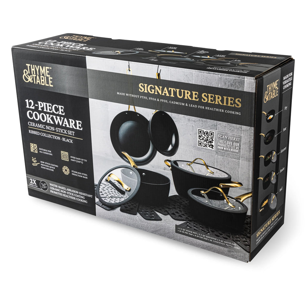 Thyme & Table 12-Piece Nonstick Signature Ribbed Cookware Set. Pots and Pans Set - Black & Gold