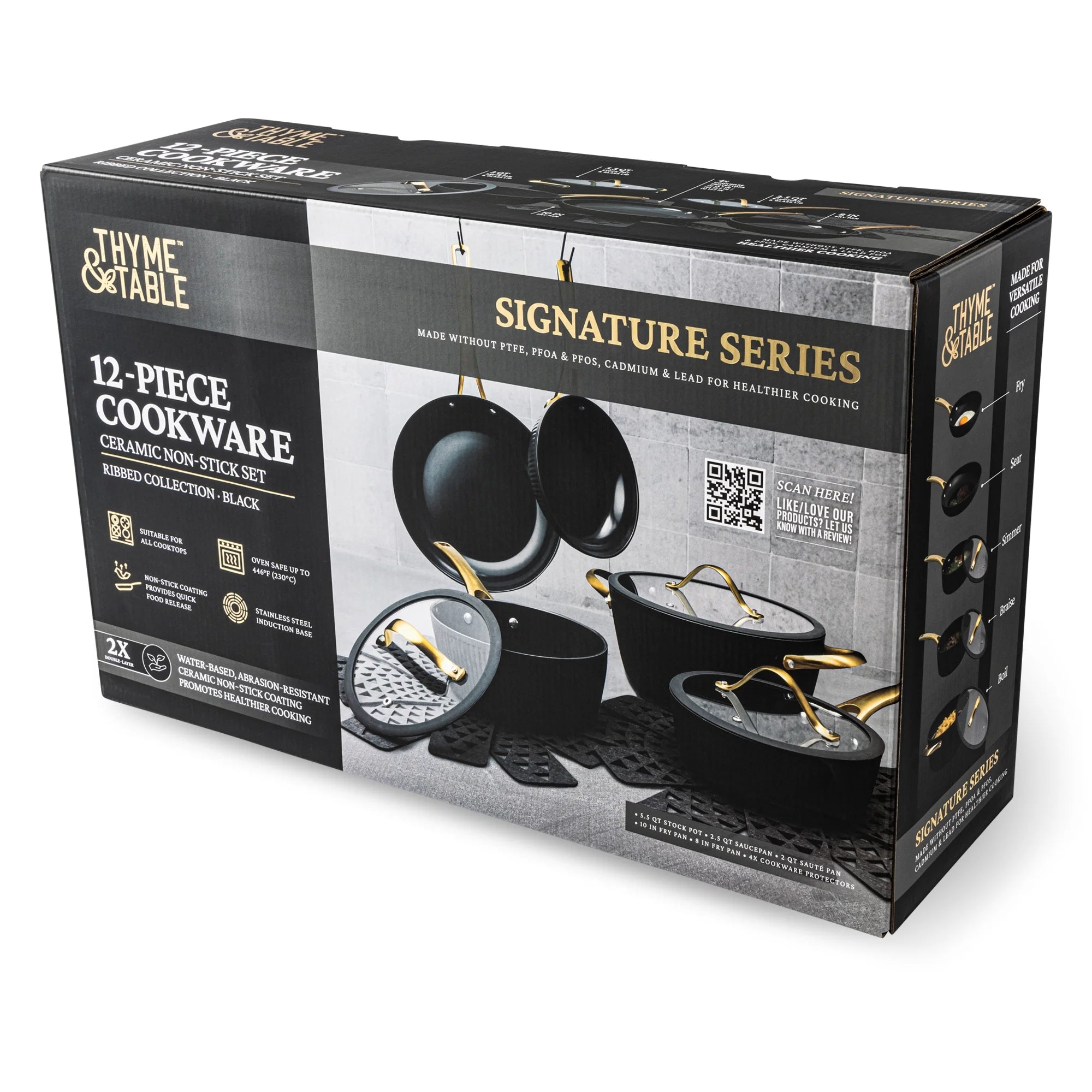 Thyme & Table 12-Piece Nonstick Signature Ribbed Cookware Set. Pots and Pans Set - Black & Gold