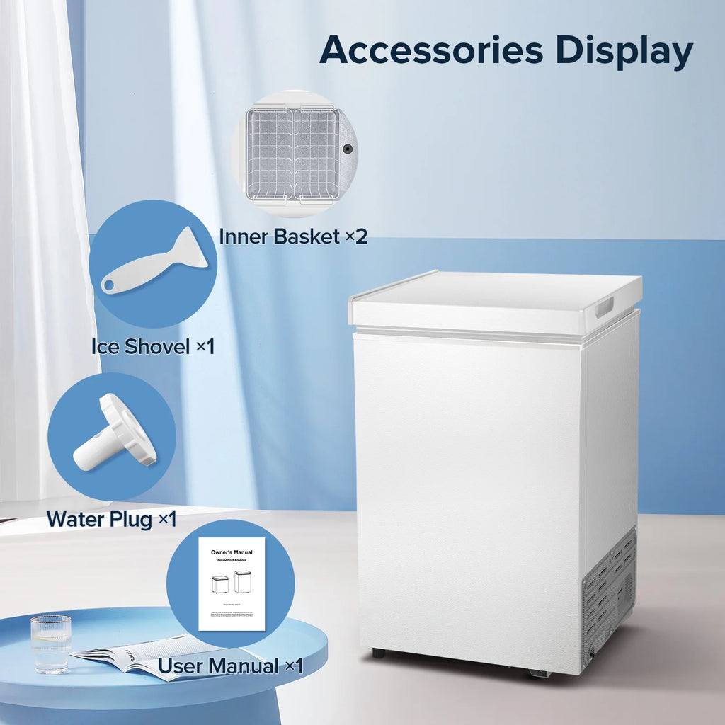 Auseo 8.7 cu. ft. Chest Deep Freezer with Adjustable Temperature. Free Standing Top Open Door Compact Freezer with 3 Removable Basket for Kitchen. Home. Bar. Garage. Office