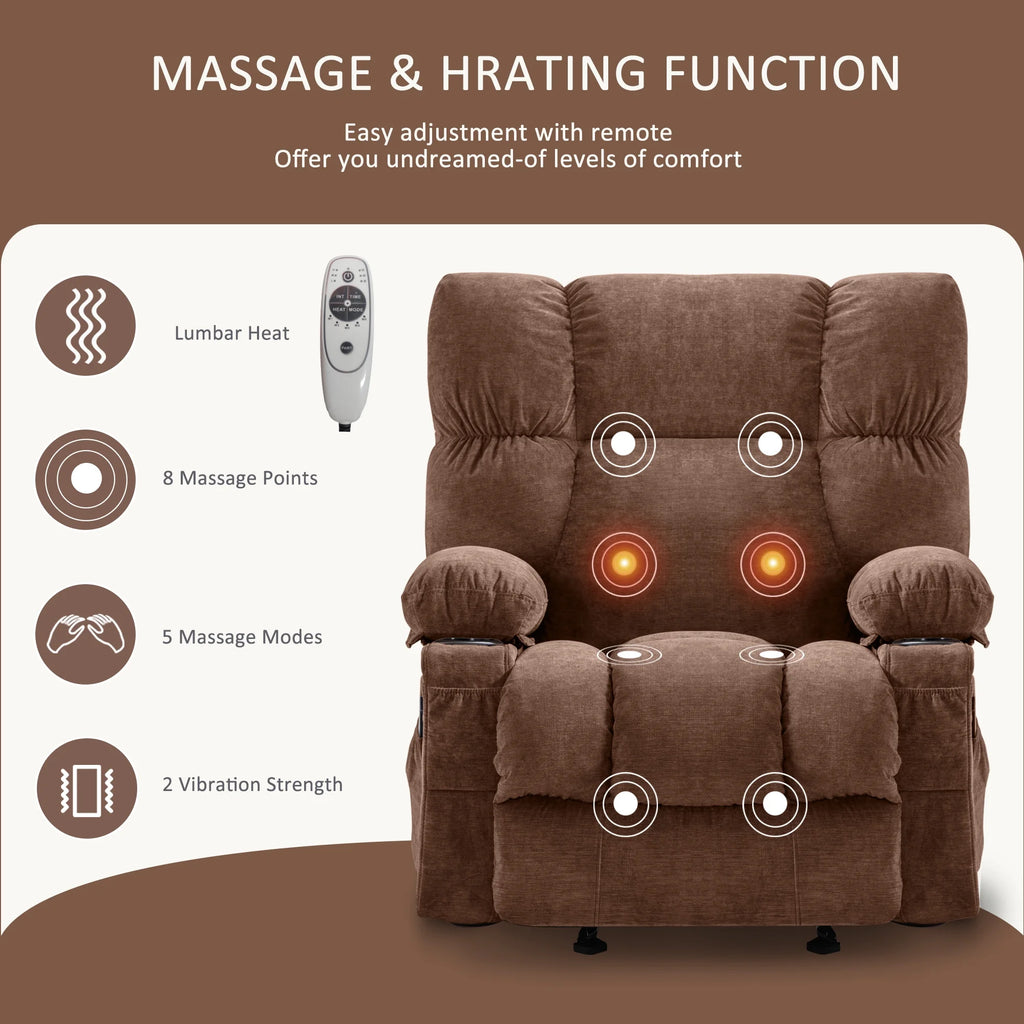 JONPONY Manual Recliner Chair with Heat Therapy and Massage Function. Heavy Duty Reclining Mechanism Massage Chair. Elderly Single Rocker Sofa with Cup Holders for Bedroom Home Theater.Grey