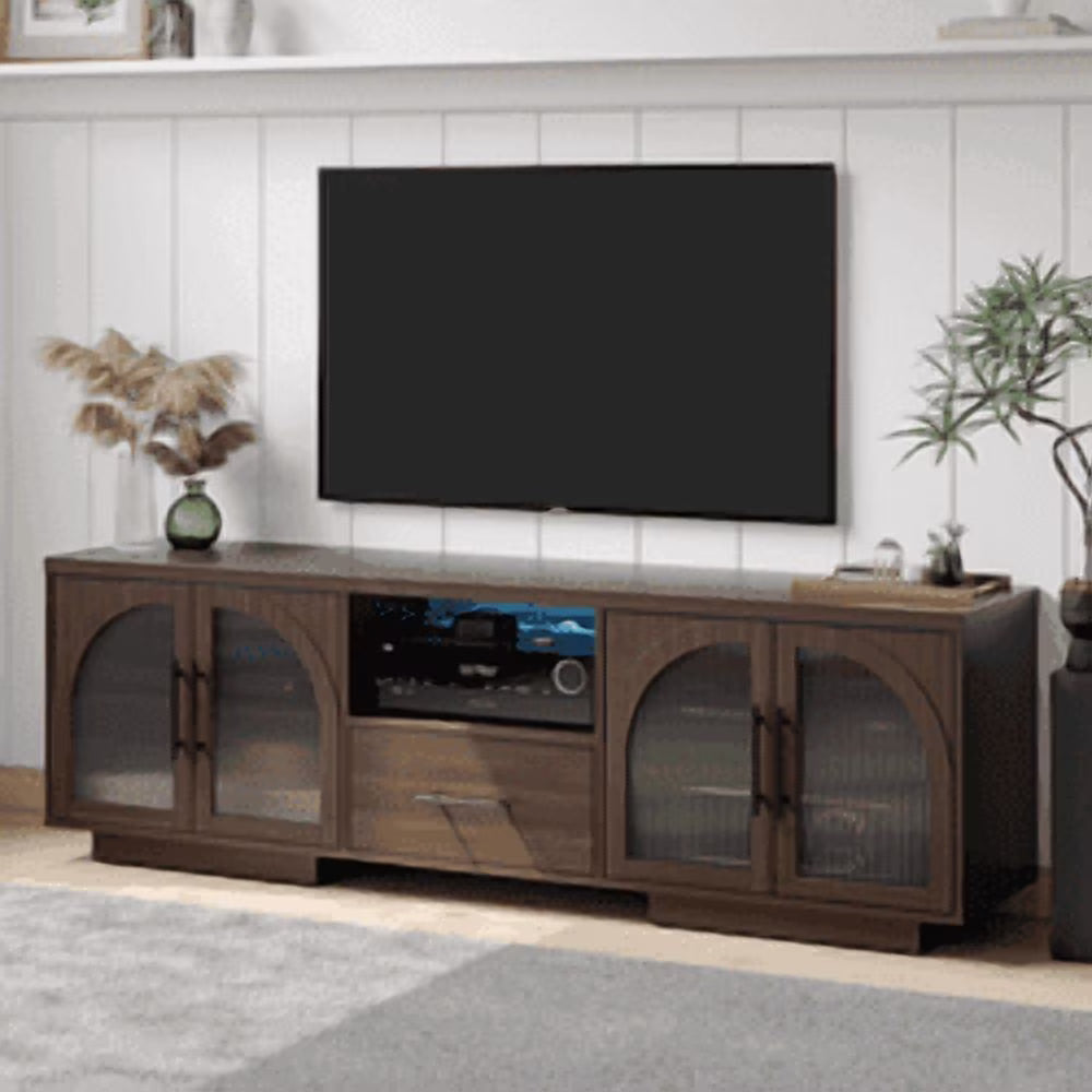TV Stand for 75 inch TV. LED TV Stand for Living Room.70 Entertainment Center with Arched Glass Doors. Faux Marble Wood Finish Top. Adjustable Shelves. and LED Lighting. Black