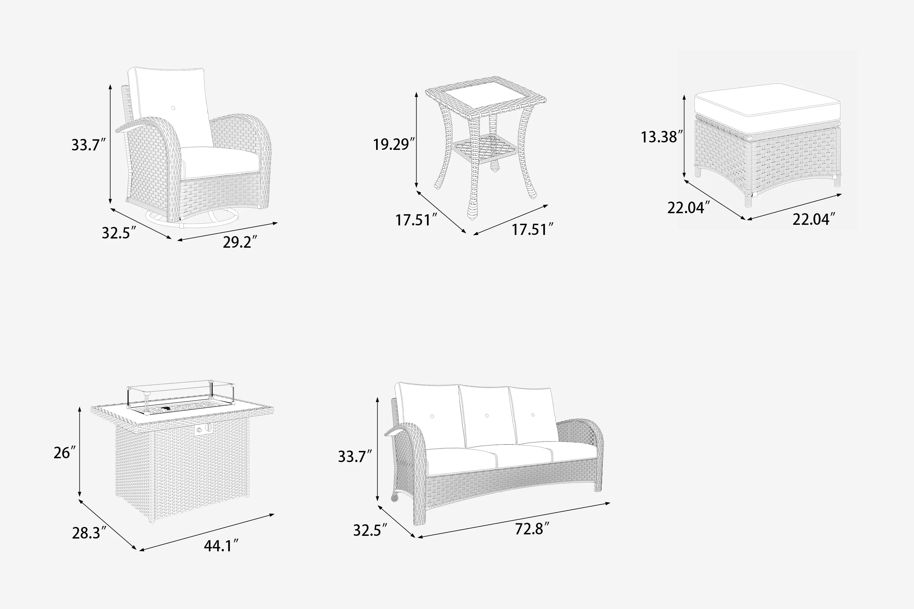 LayinSun 7 Pieces Outdoor Patio Furniture Set with Fire Pit Table. Rattan Wicker Sectional Swivel Rocker Chairs Sets