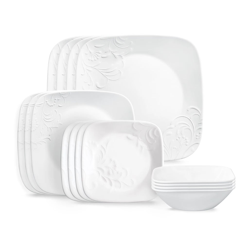 Corelle Cherish 16-Piece Embossed Square Glass Dinnerware Set (Service for 4)
