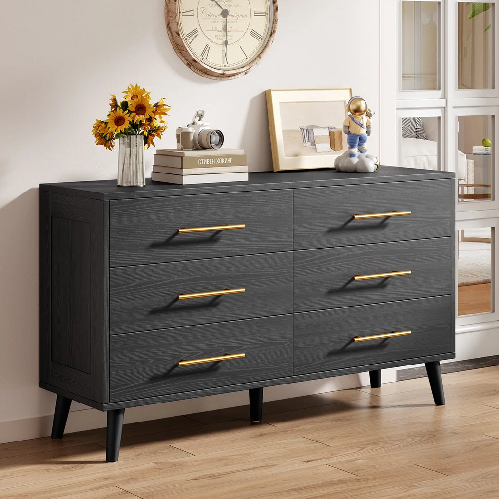 Noelse 3 Piece Bedroom Furniture Set. 6 Drawer Dresser with 2 Nightstands. Modern Wood Storage Organizer with Metal Handles for Bedroom. Living Room.Black