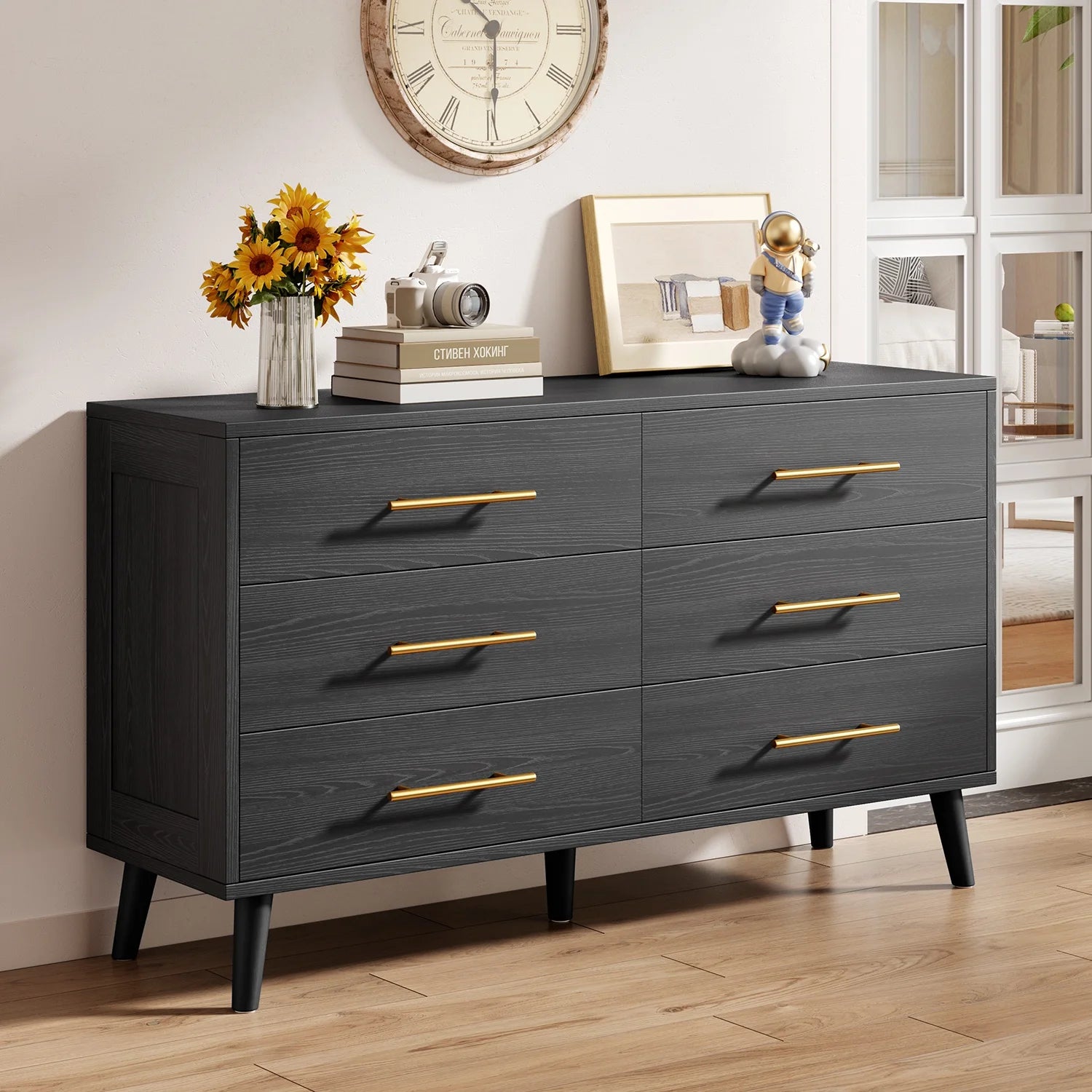 Noelse 3 Piece Bedroom Furniture Set. 6 Drawer Dresser with 2 Nightstands. Modern Wood Storage Organizer with Metal Handles for Bedroom. Living Room.Black