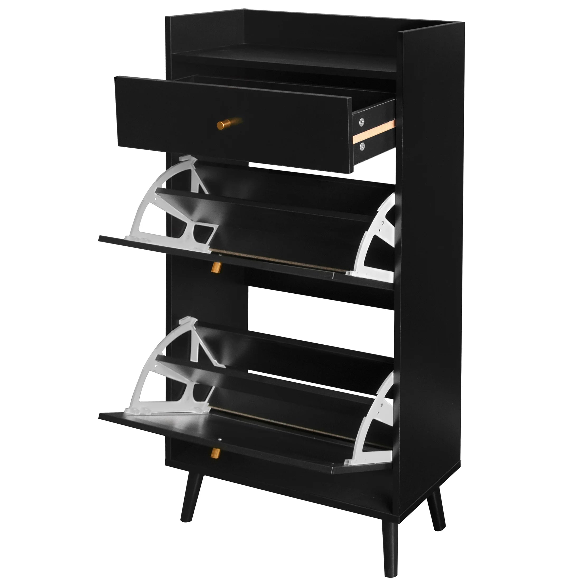 SESSLIFE Shoe Cabinet with 2 Flip Drawers & Drawer. Modern 18 Pair Shoe Rack Organizer. Wood Freestanding Shoe Organizer for Entrance. Black