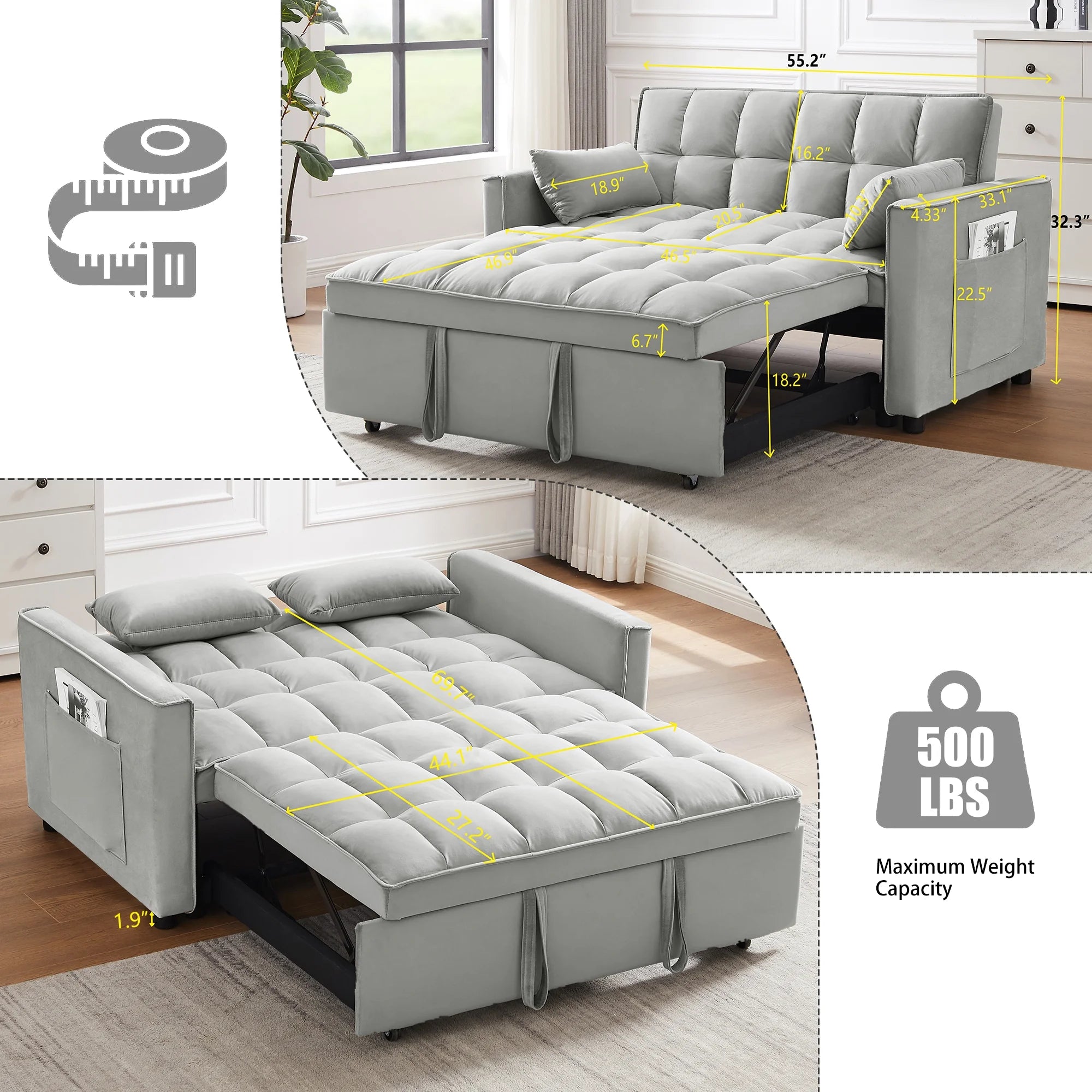 55 Inch Convertible Futon Sofa Bed.Modern Loveseat Sleeper Sofa Couch with Pull-Out Sofa Bed for Living Room.Small Space - Black