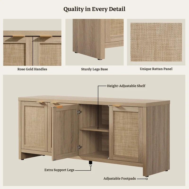 SICOTAS 61.5W Rattan TV Stand with 4 Doors. Boho Entertainment Center with Adjustable Shelves & Spacious Countertop �C Large Boho Farmhouse Media Console for Living Room. Reclaimed Caramel Oak
