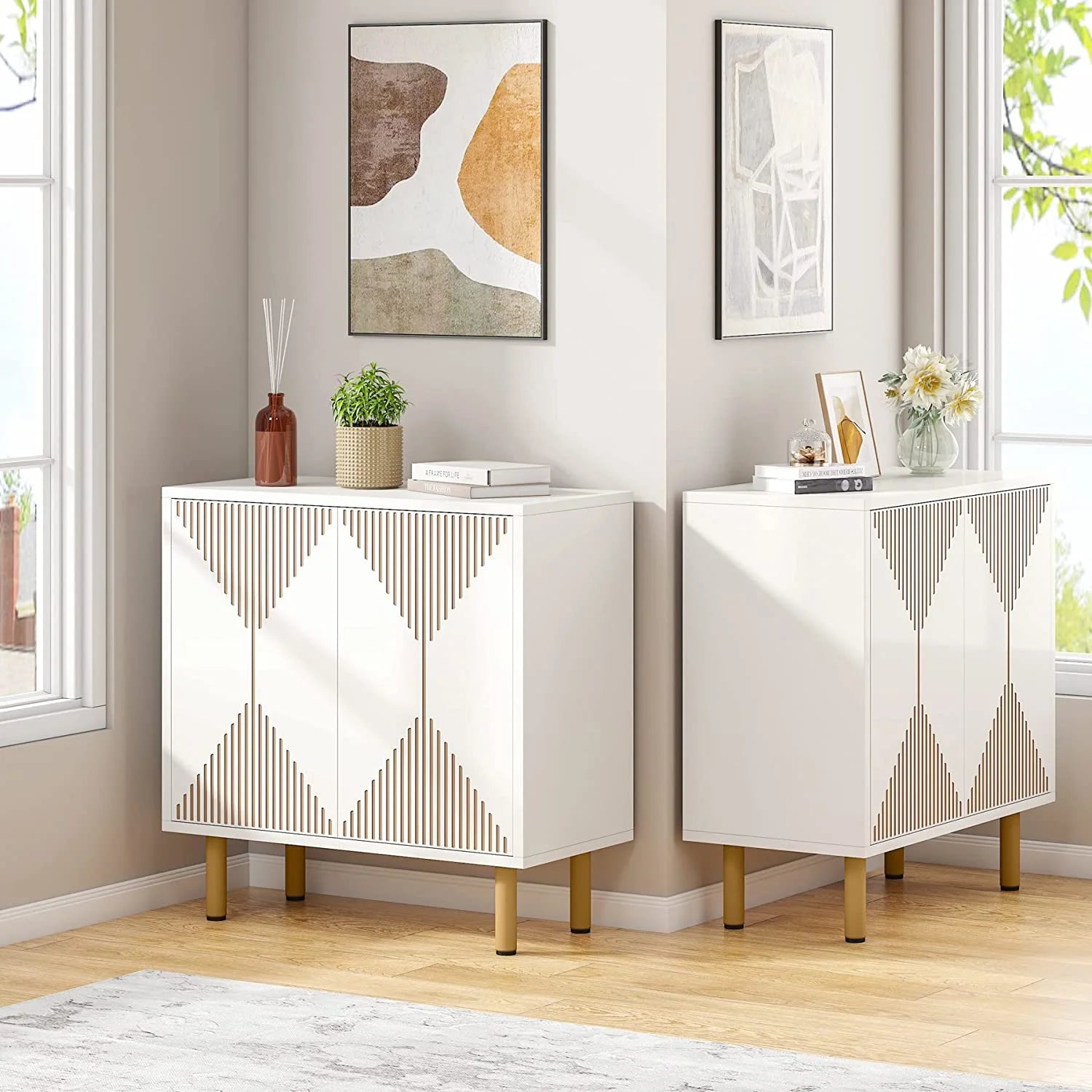 Tribesigns 59 Modern White Storage Cabinet Set. Freestanding Floor Cabinet. Wood Buffet Cabinet with Doors. Large Storage Cabinet for Living Room. Dining Room. Garage