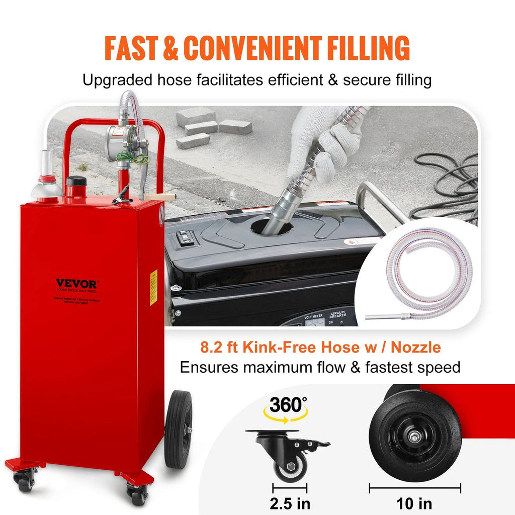 VEVOR 30 Gallon Fuel Caddy. Gas Storage Tank & 4 Wheels. with Manuel Transfer Pump. Gasoline Diesel Fuel Container for Cars. Lawn Mowers. ATVs. Boats. More. Red