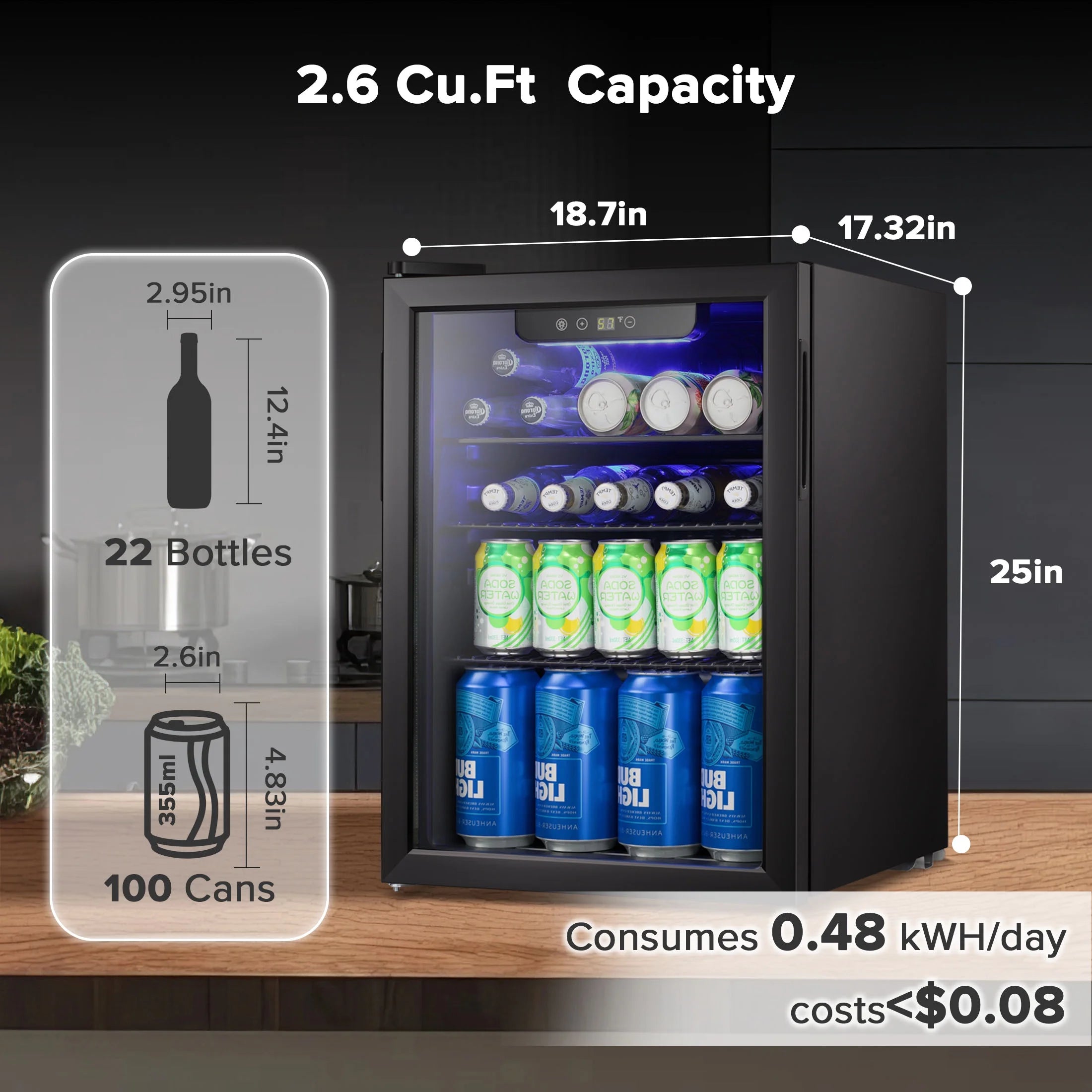 Auseo 1.3 Cu.ft. Mini Beverage Refrigerator Cooler - 55 Can &12 Bottle Mini Fridge with Double Glass Door. for Home/Bar/Office. Electronic touch control
