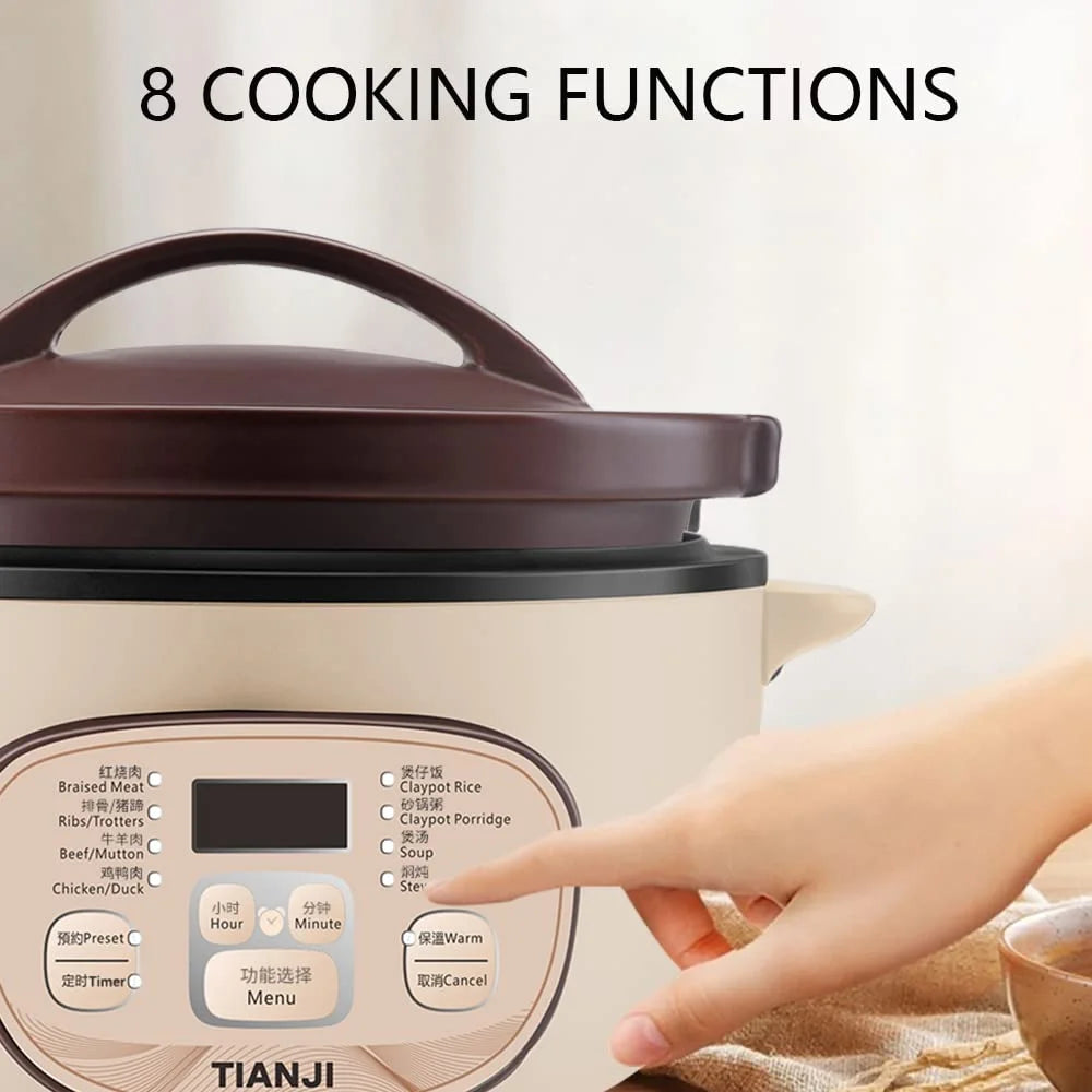 TIANJI Electric Claypot Crock Pot Stew Pot Rice Cooker Ceramic Soup Porridge Maker 3L.24h Pre-set