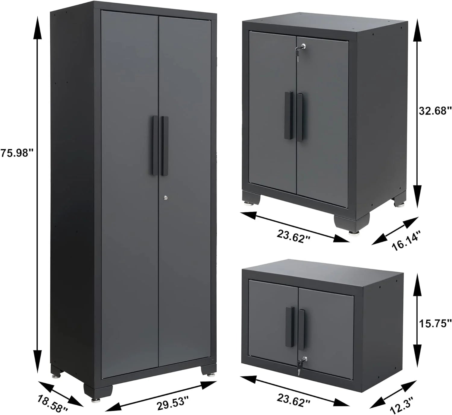 Big Red Garage Storage Cabinet Sets 9 piece Tool Organizer Workshop Cabinets with Lockers.Shelves and Wood Workbench.18.58D x 75.98W x 129.92H H.Black/Grey
