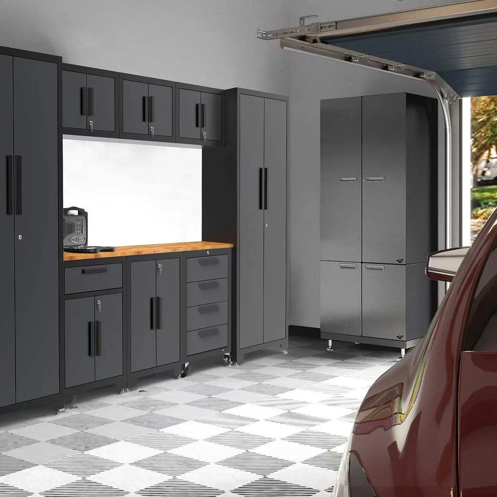 Big Red Garage Storage Cabinet Sets 9 piece Tool Organizer Workshop Cabinets with Lockers.Shelves and Wood Workbench.18.58D x 75.98W x 129.92H H.Black/Grey