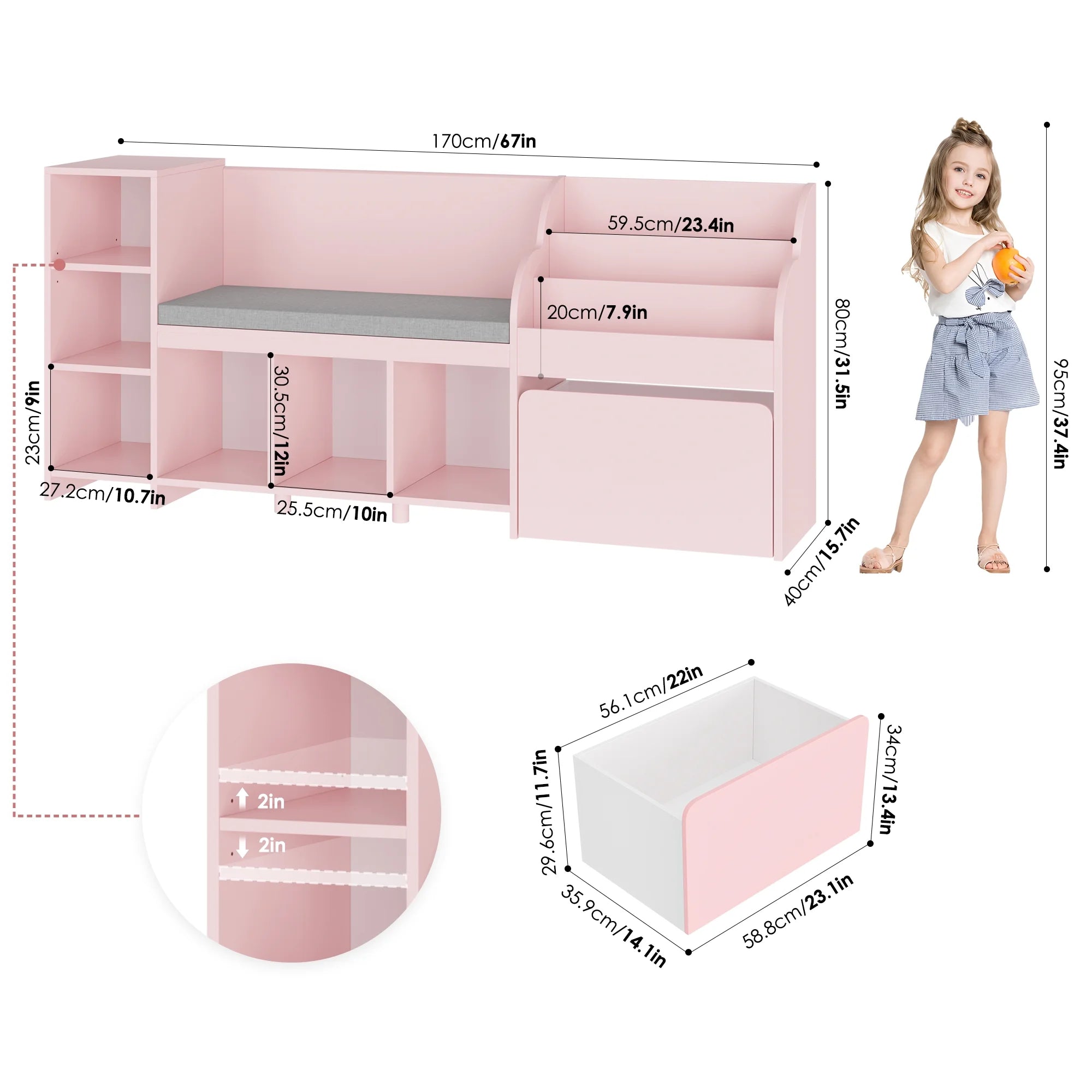 Homfa Kids Bookshelf with Reading Nook. 6 Shelf Bookcase with 1 Wood Toy Bin with 3 Tier Book Rack for Children Kidsroom