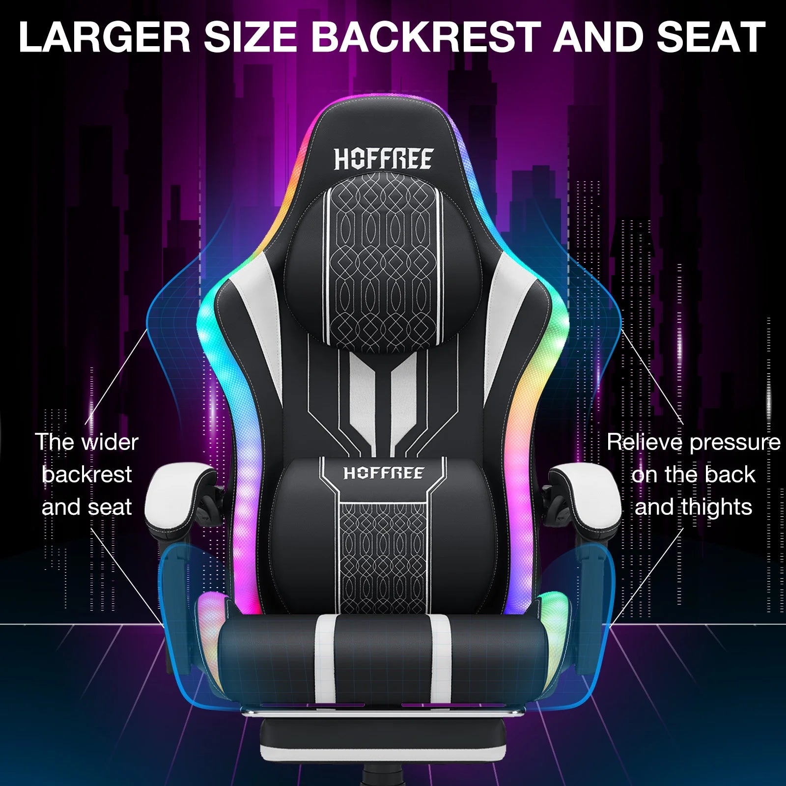 HOFFREE Big and Tall Gaming Chair with Speakers and RGB Lights. Gamer Chair with Footrest. Lumbar Support Height Adjustable 360-Swivel Seat and Headrest for Adults. 400lbs