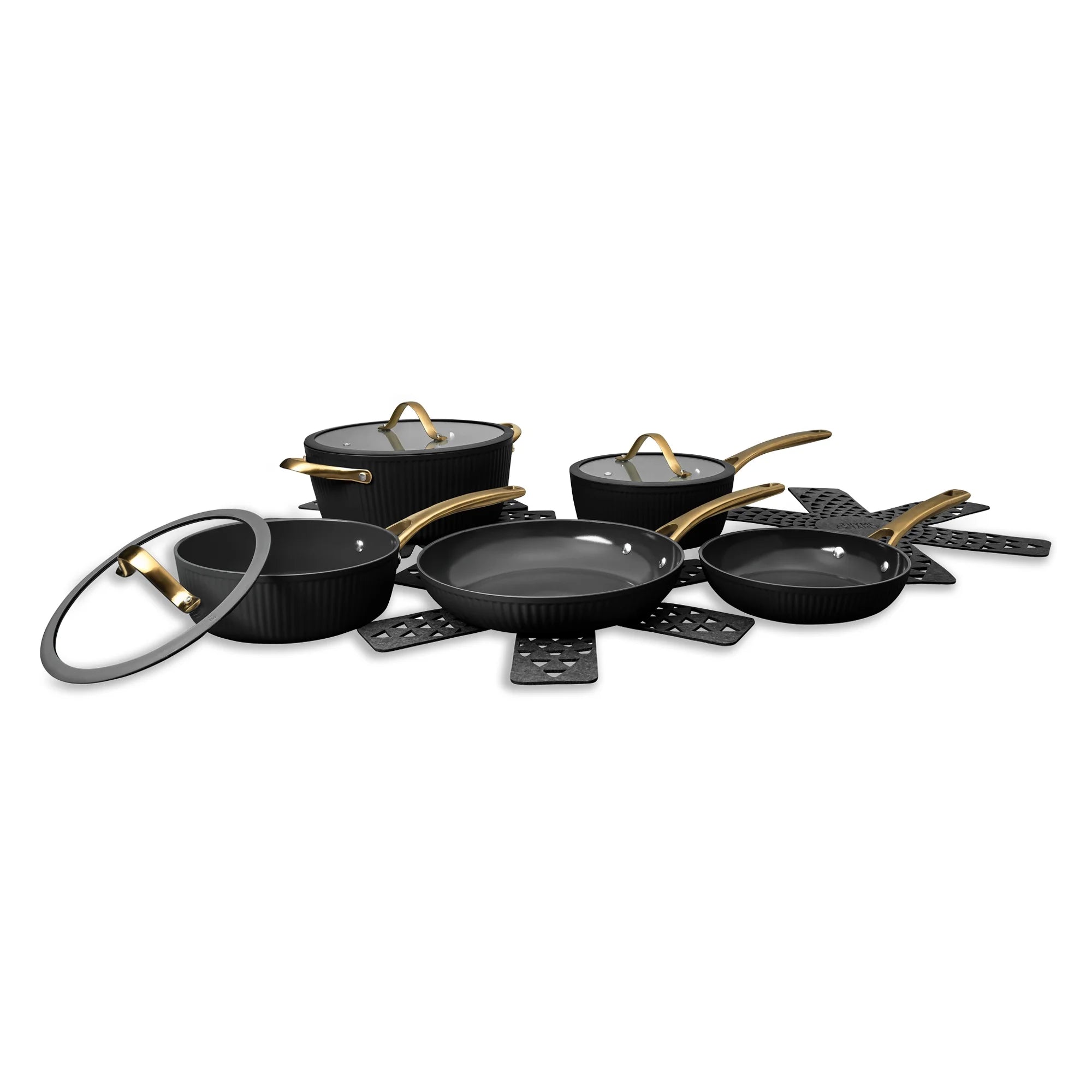 Thyme & Table 12-Piece Nonstick Signature Ribbed Cookware Set. Pots and Pans Set - Black & Gold