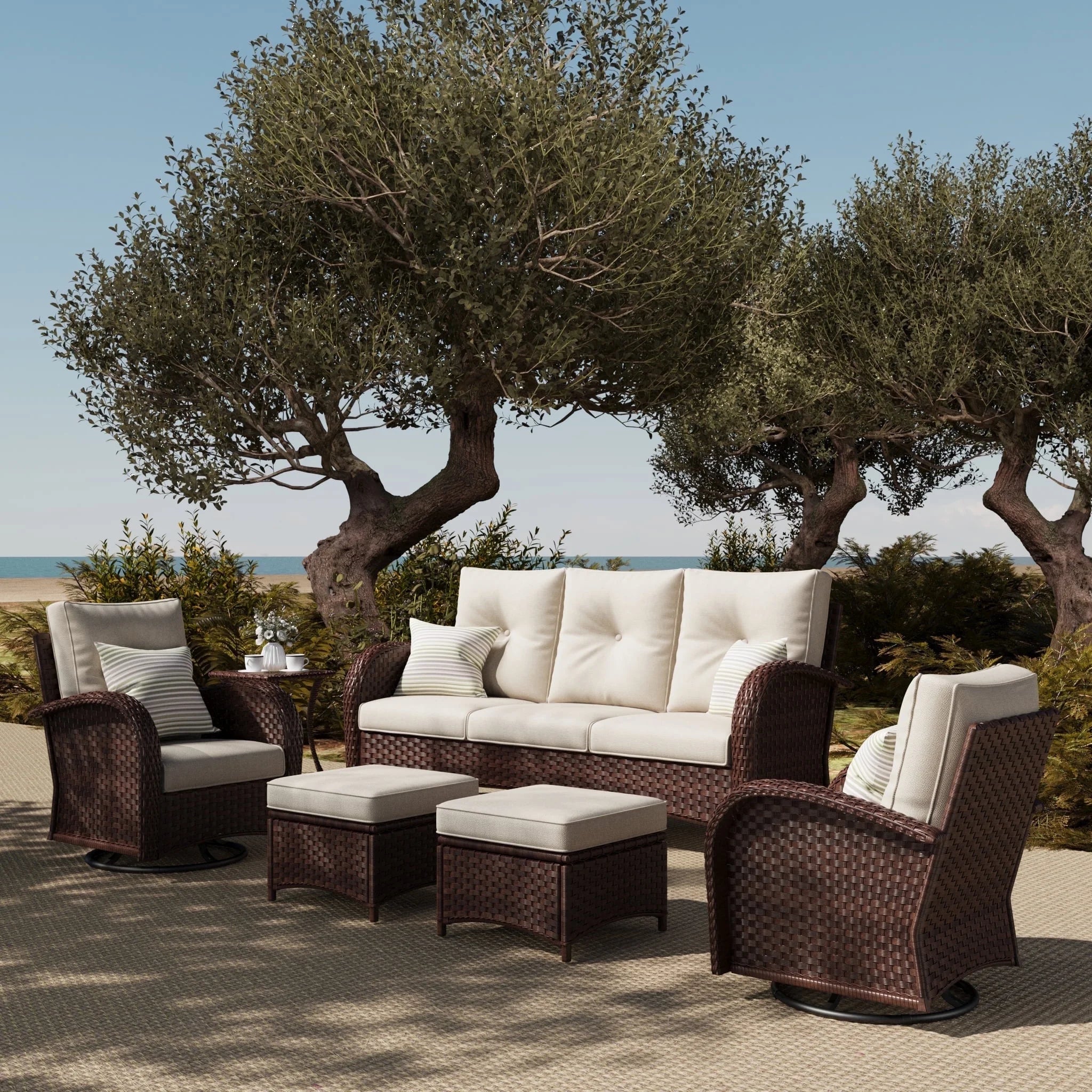 LayinSun 7 Pieces Outdoor Patio Furniture Set with Fire Pit Table. Rattan Wicker Sectional Swivel Rocker Chairs Sets