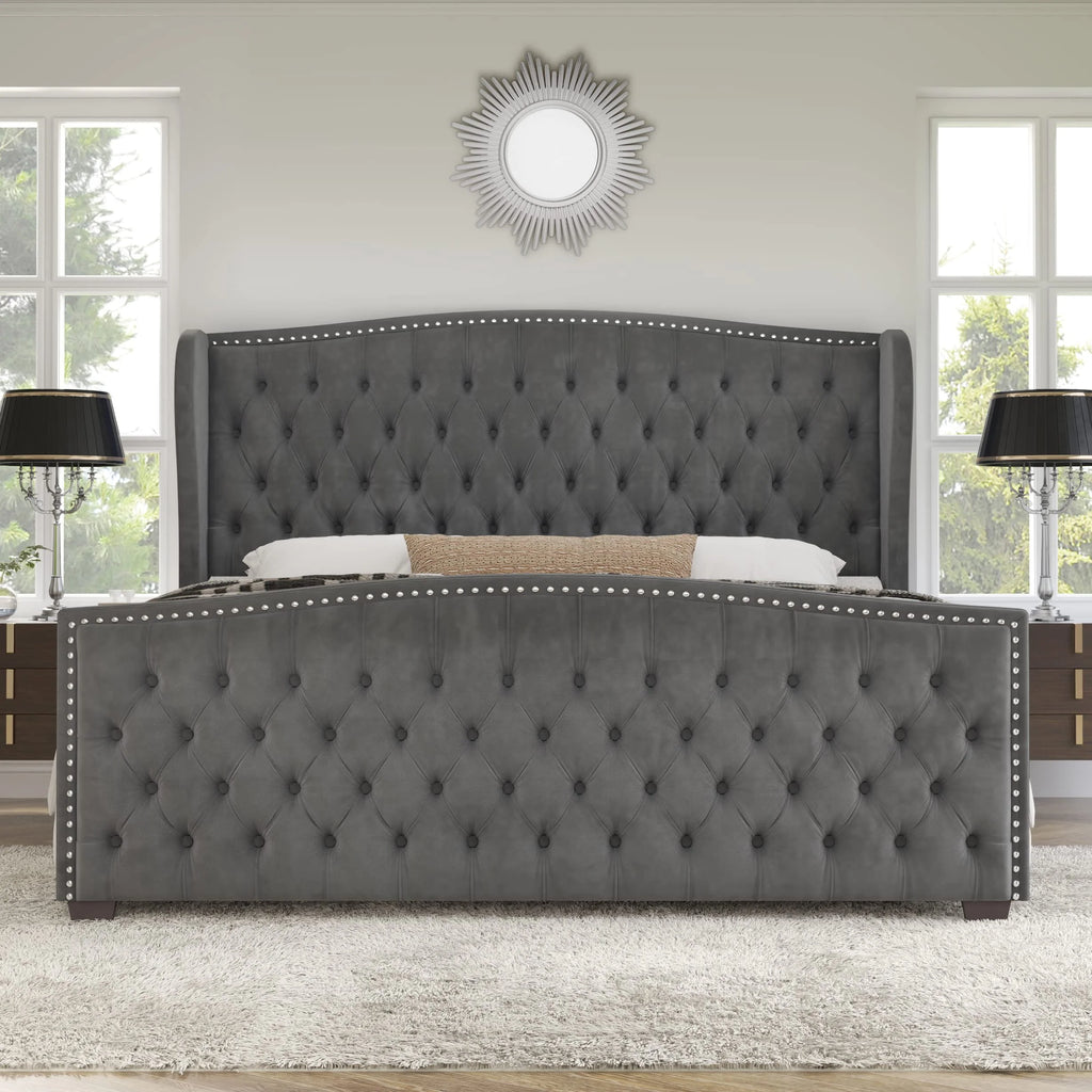 VANACC Queen Size Bed Frame. Velvet Upholstered Bed with Deep Button Tufted Wingback Headboard��Grey