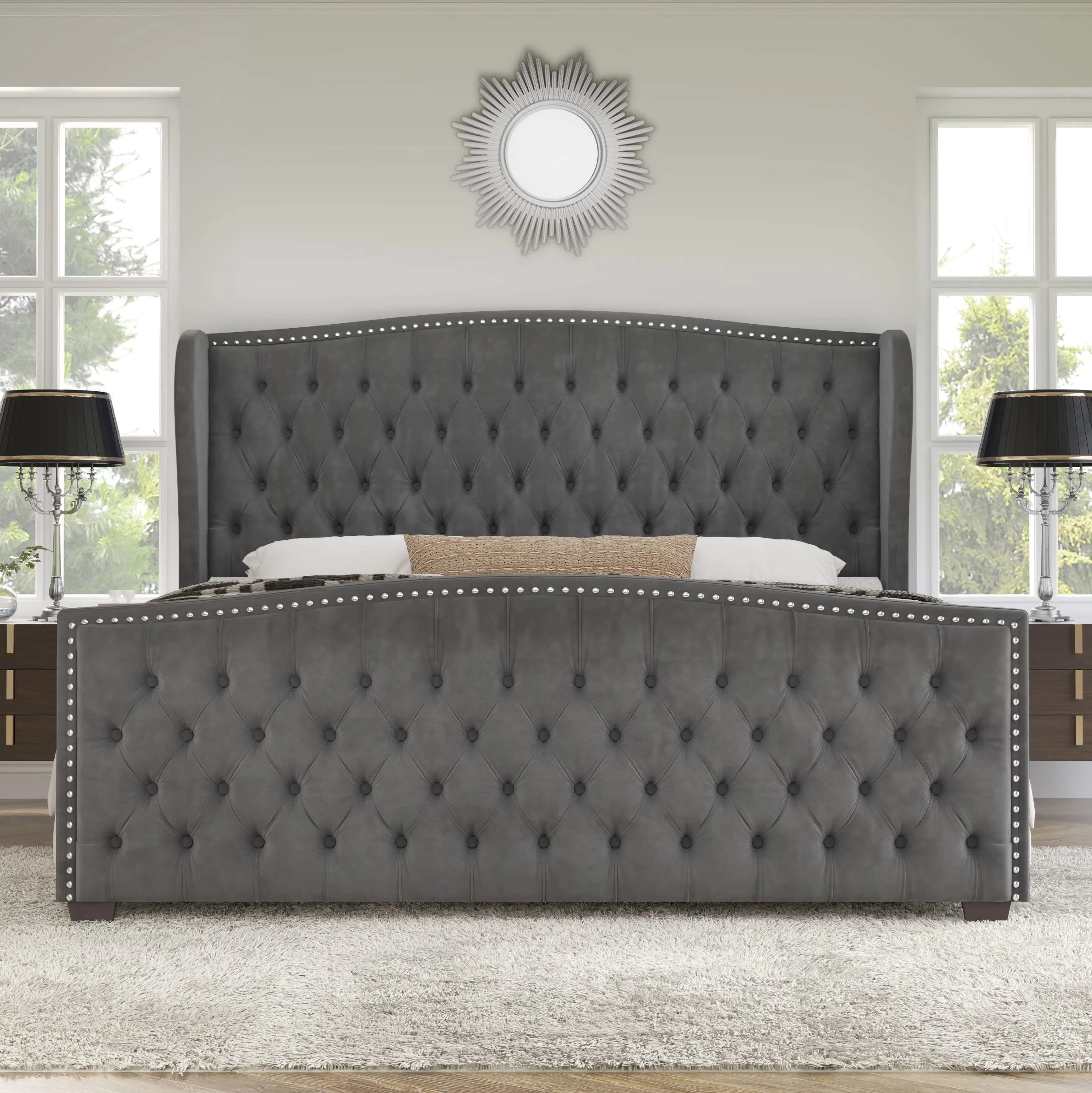VANACC Queen Size Bed Frame. Velvet Upholstered Bed with Deep Button Tufted Wingback Headboard��Grey