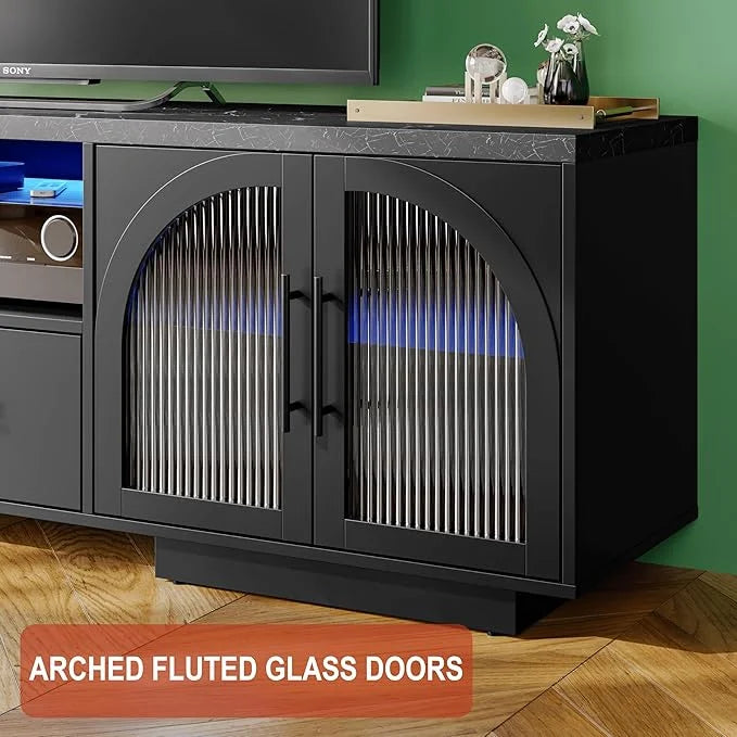 TV Stand for 75 inch TV. LED TV Stand for Living Room.70 Entertainment Center with Arched Glass Doors. Faux Marble Wood Finish Top. Adjustable Shelves. and LED Lighting. Black