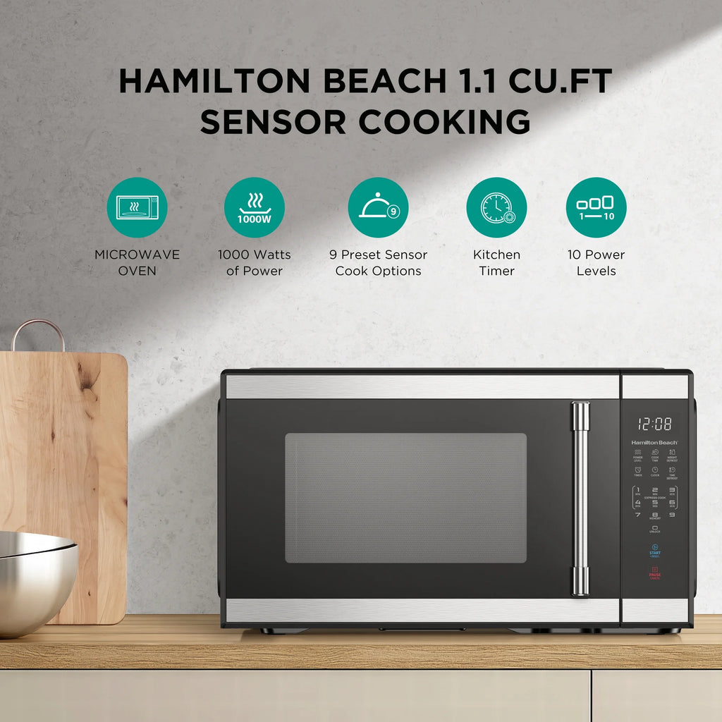 Hamilton Beach 1.1 cu ft Countertop Microwave Oven. Black and Stainless Steel