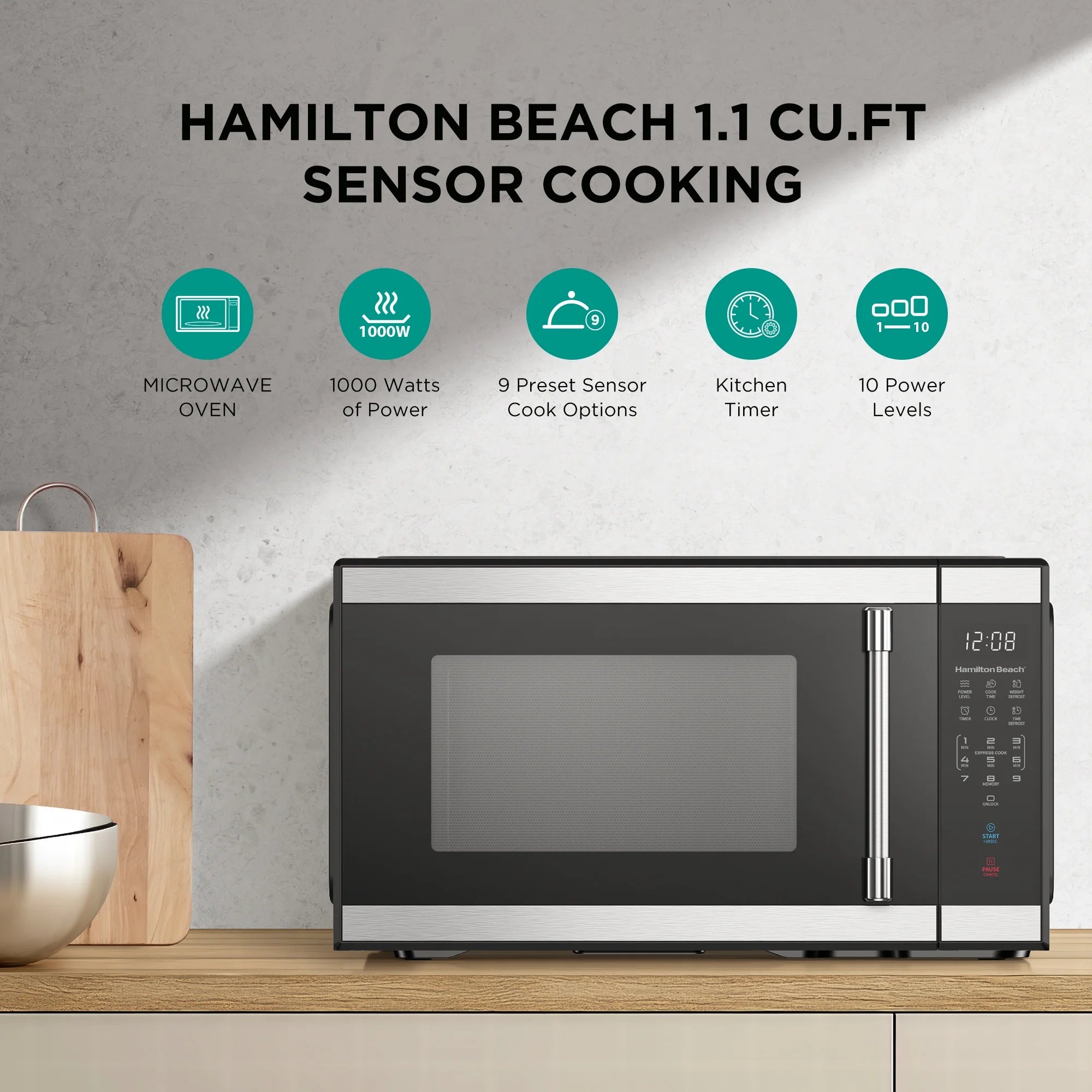 Hamilton Beach 1.1 cu ft Countertop Microwave Oven. Black and Stainless Steel