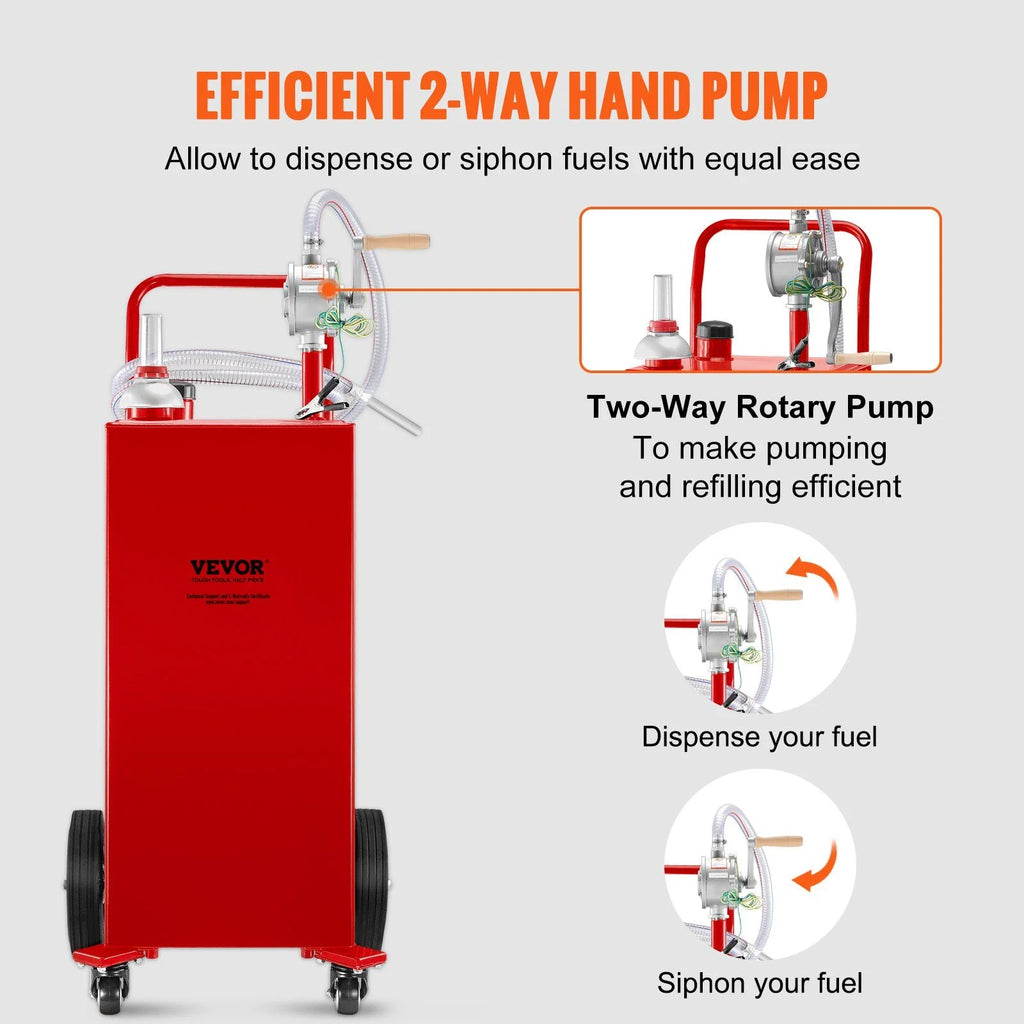 VEVOR 30 Gallon Fuel Caddy. Gas Storage Tank & 4 Wheels. with Manuel Transfer Pump. Gasoline Diesel Fuel Container for Cars. Lawn Mowers. ATVs. Boats. More. Red