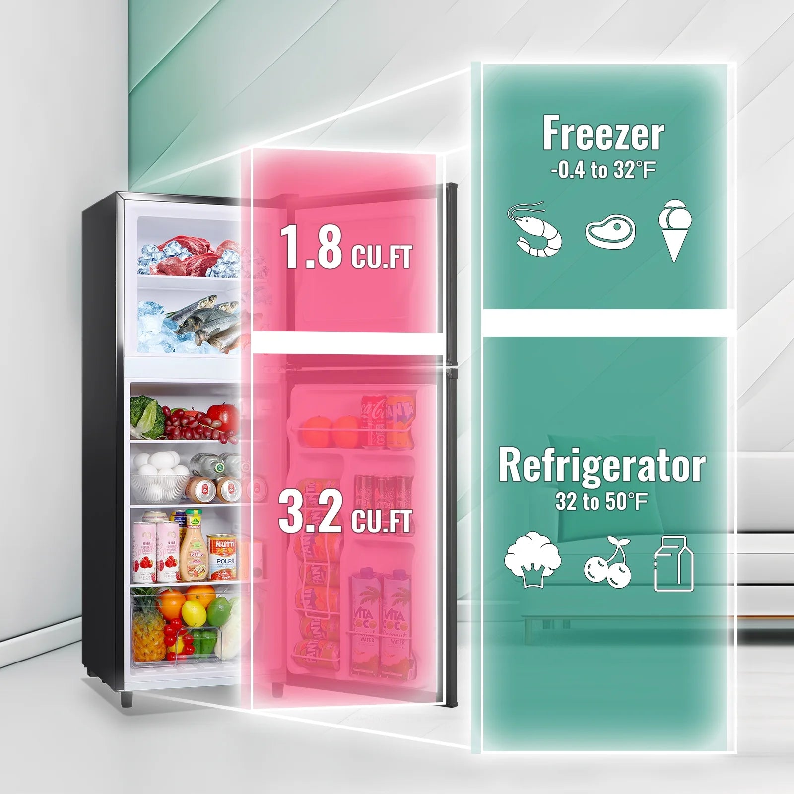 WANAI 5.0 Cu.ft Mini Refrigerator with Freezer 7 Settings Temp Adjustable Large Compact Fridge Silver