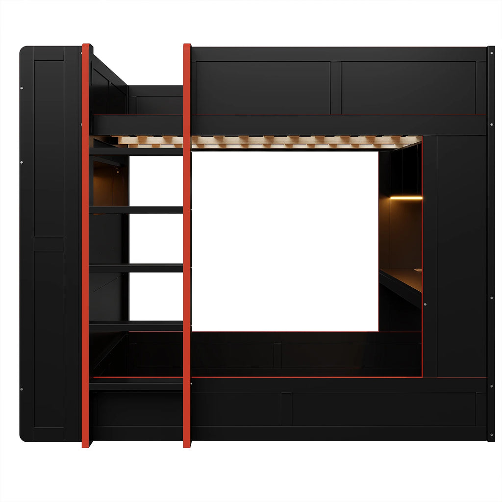 Euroco Wood Full Size Loft Bed with Desk and Shelves. Gaming Bunk Bed with LED Light and USB Charging. Black