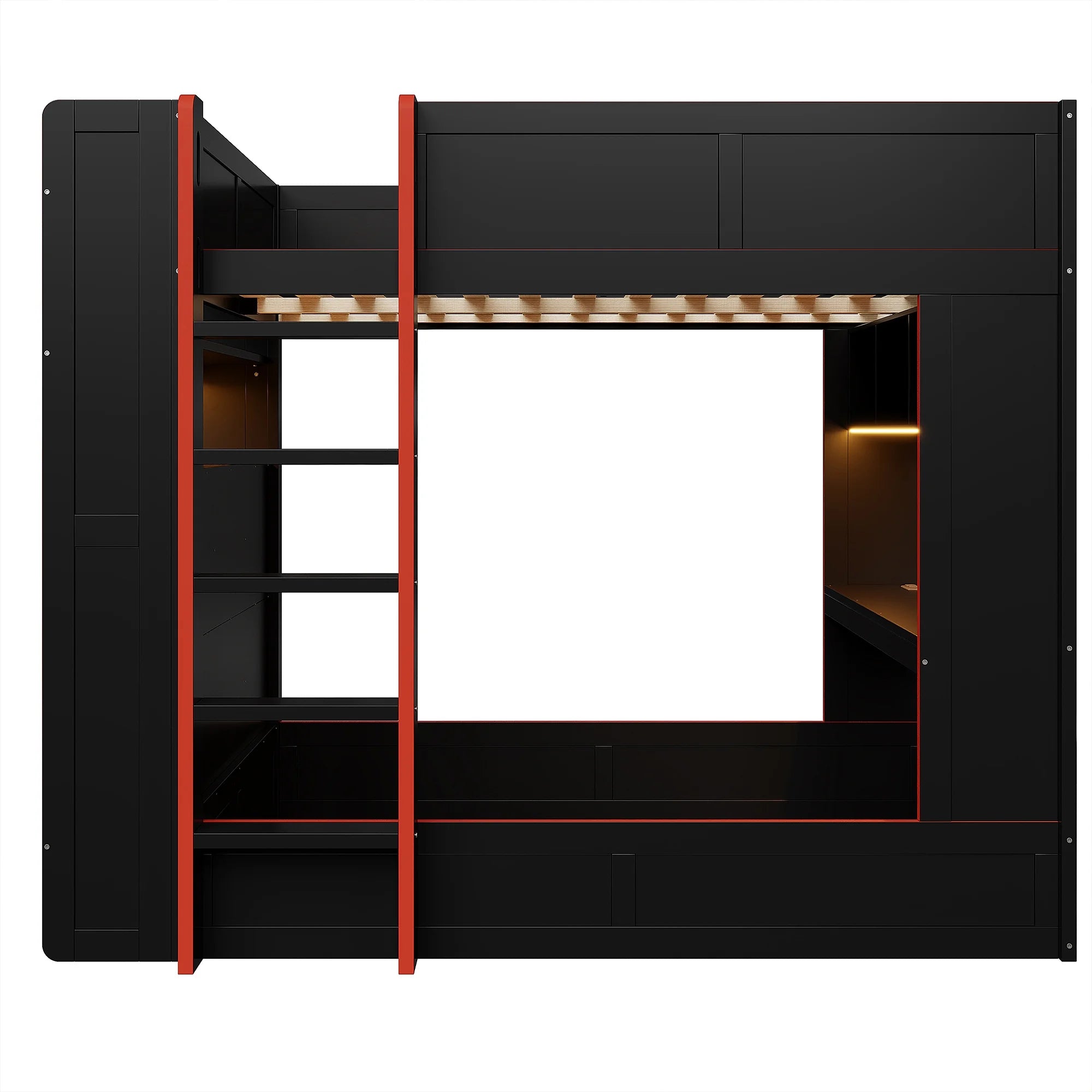 Euroco Wood Full Size Loft Bed with Desk and Shelves. Gaming Bunk Bed with LED Light and USB Charging. Black