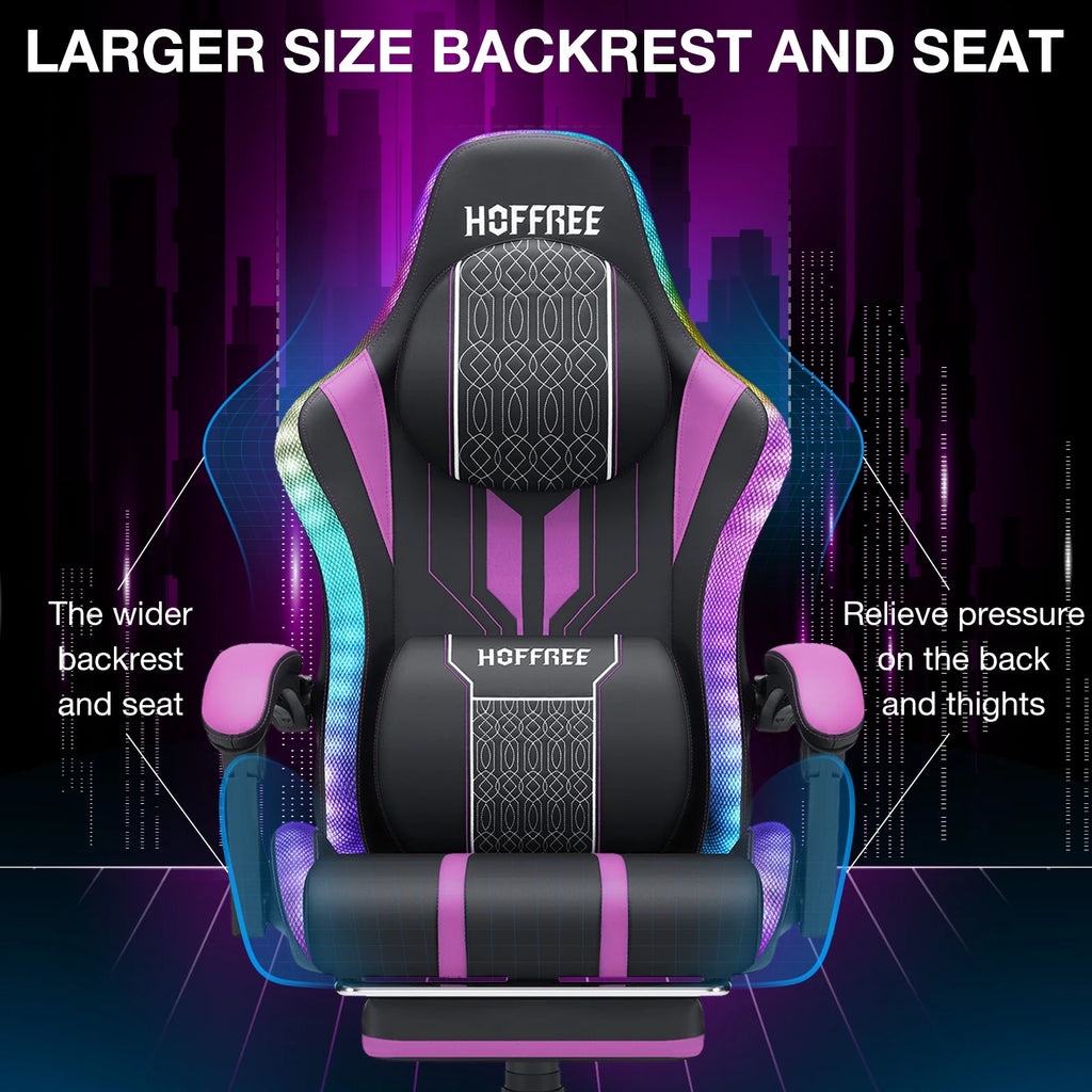 HOFFREE Big and Tall Gaming Chair with Speakers and RGB Lights. Gamer Chair with Footrest. Lumbar Support Height Adjustable 360-Swivel Seat and Headrest for Adults. 400lbs