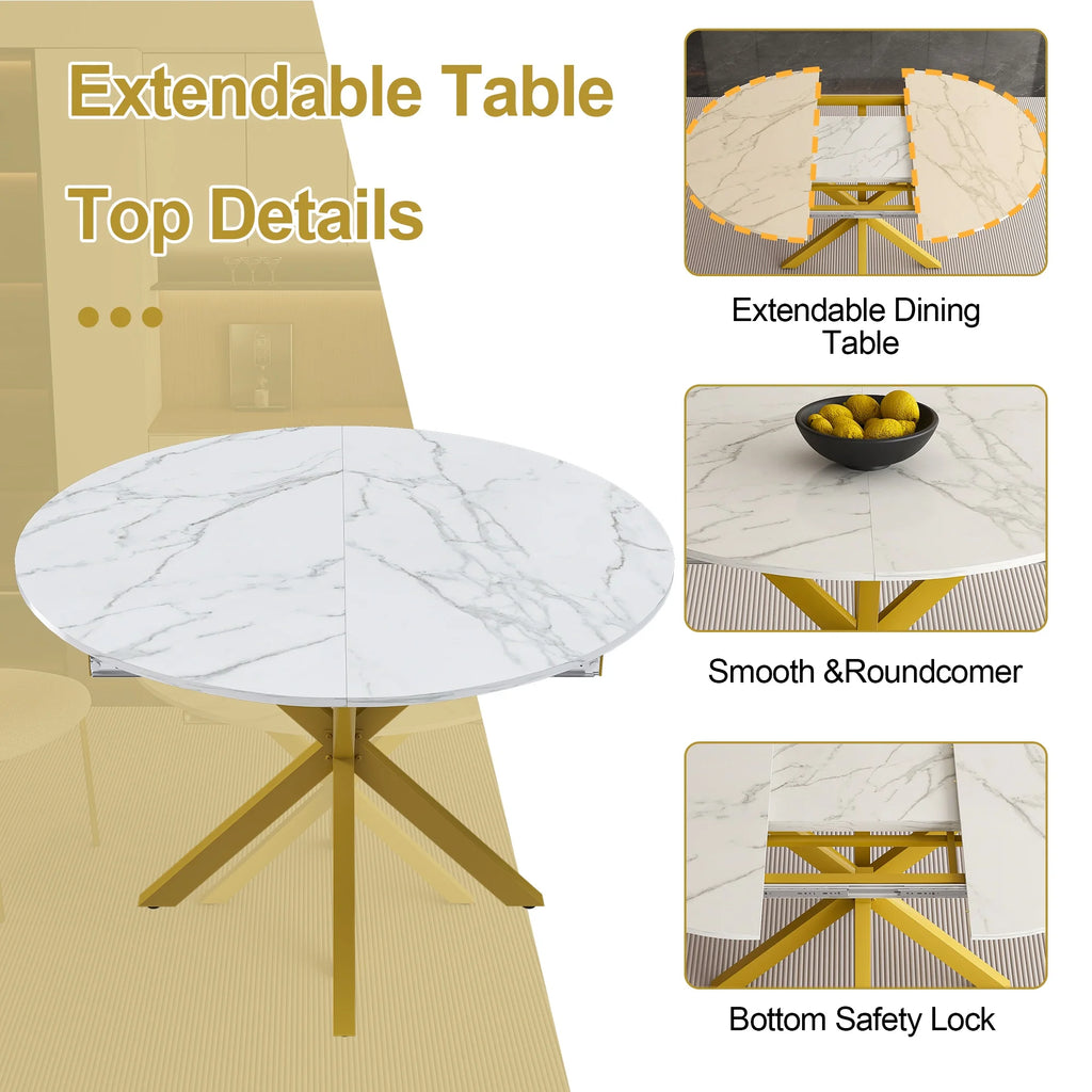 UHOMEPRO Extendable Dining Table with Extendable Blades. Modern Round Kitchen Table with Faux Marble Tabletop. Single Dining Room Table with Carbon Steel X-shaped Base for Dining Room. White+Gold